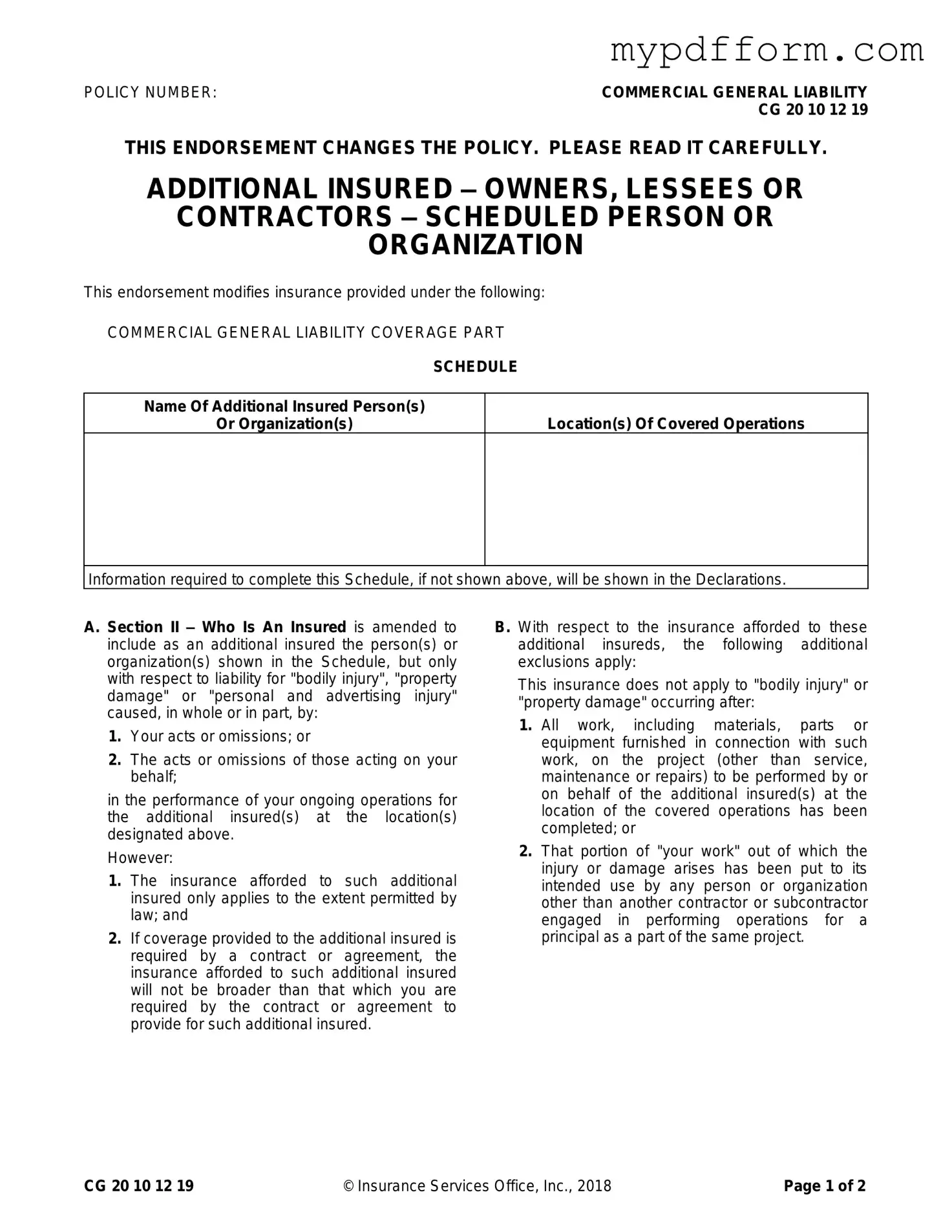 Fill in Your Cg 20 10 07 04 Liability Endorsement Form