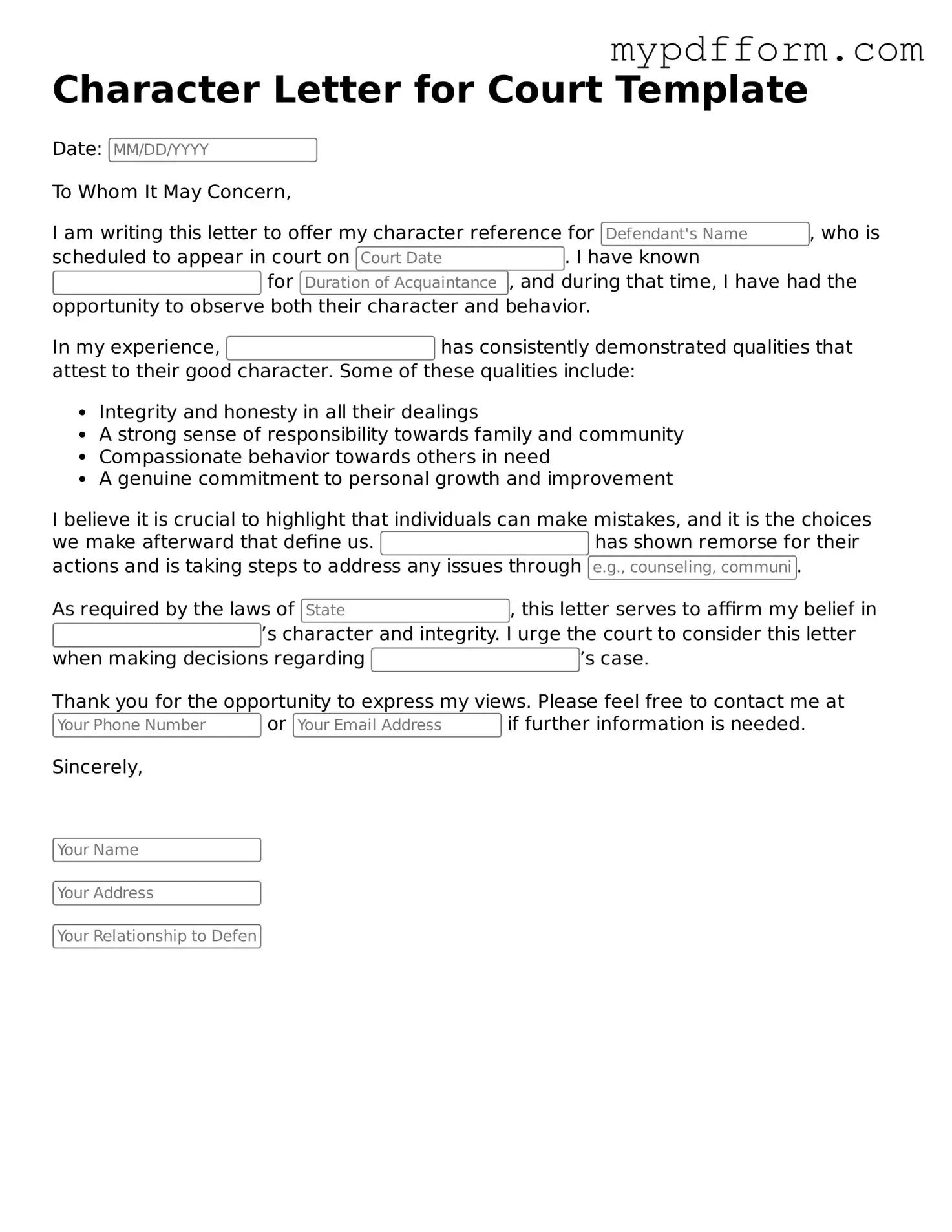 Fillable Character Letter for Court Document