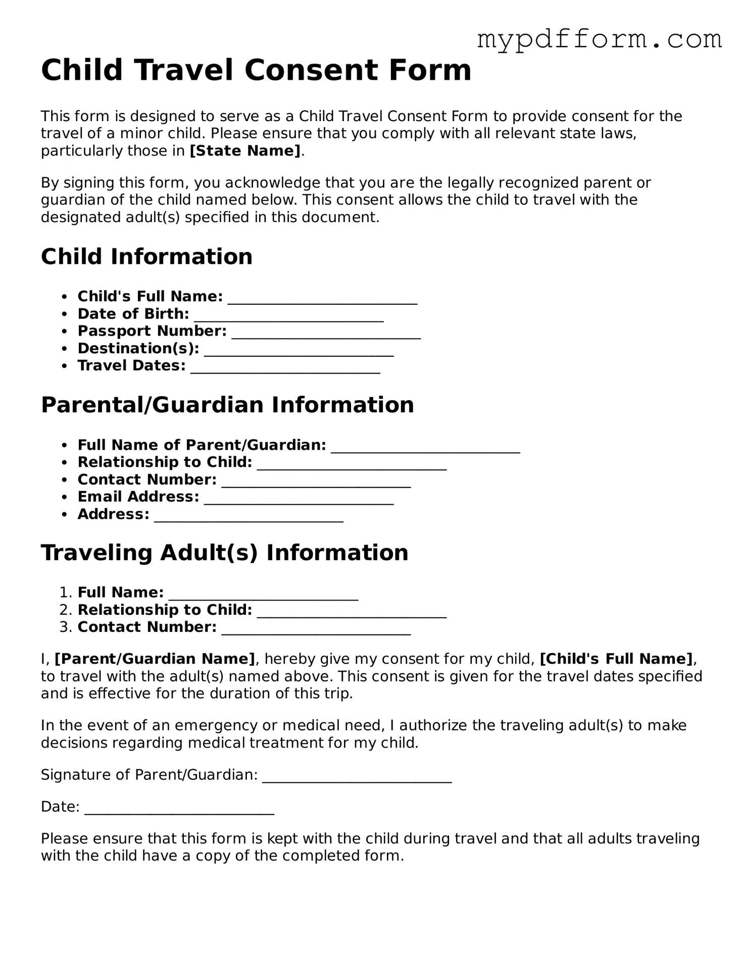 Fillable Child Travel Consent Form Document
