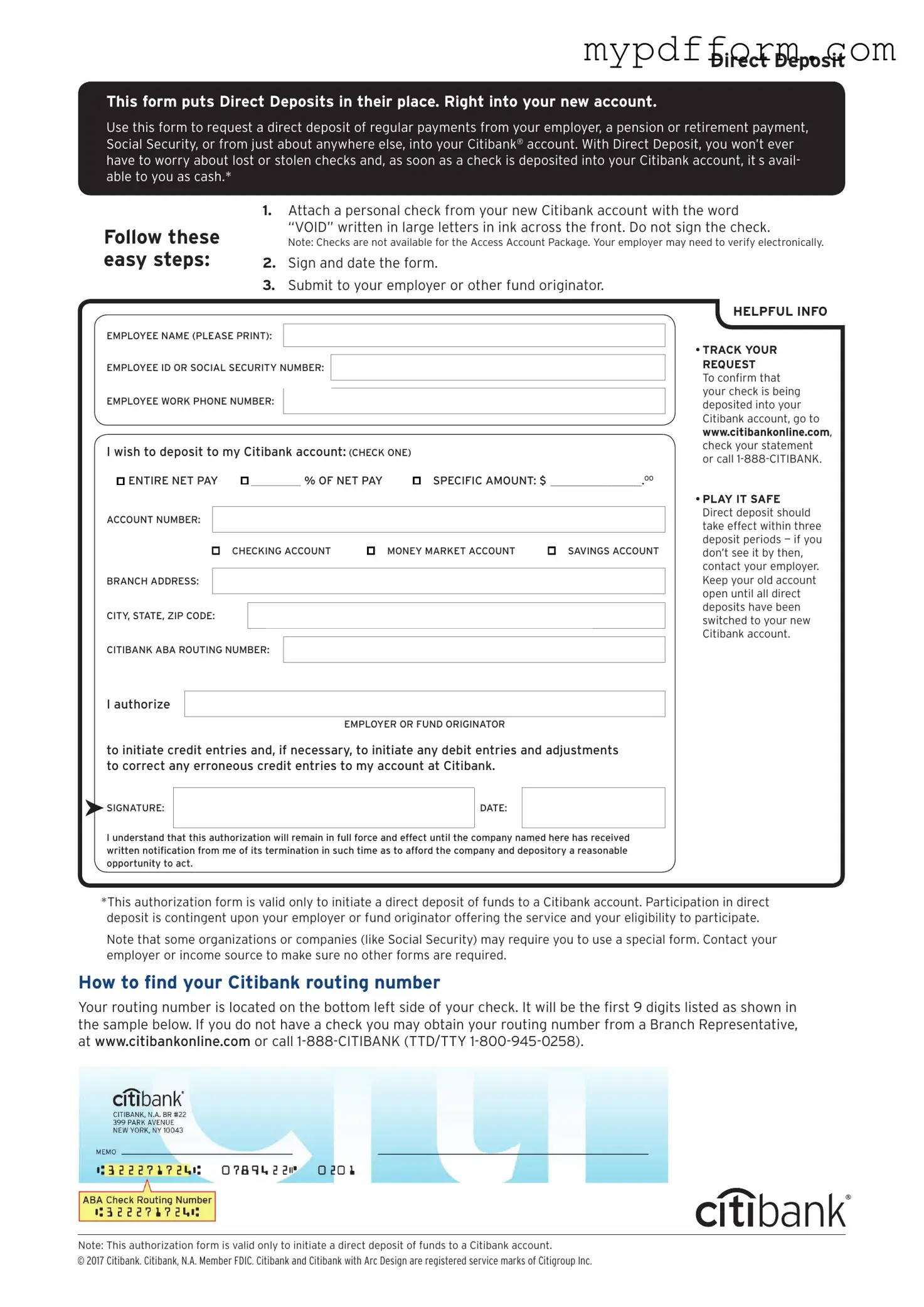 Fill in Your Citibank Direct Deposit Form