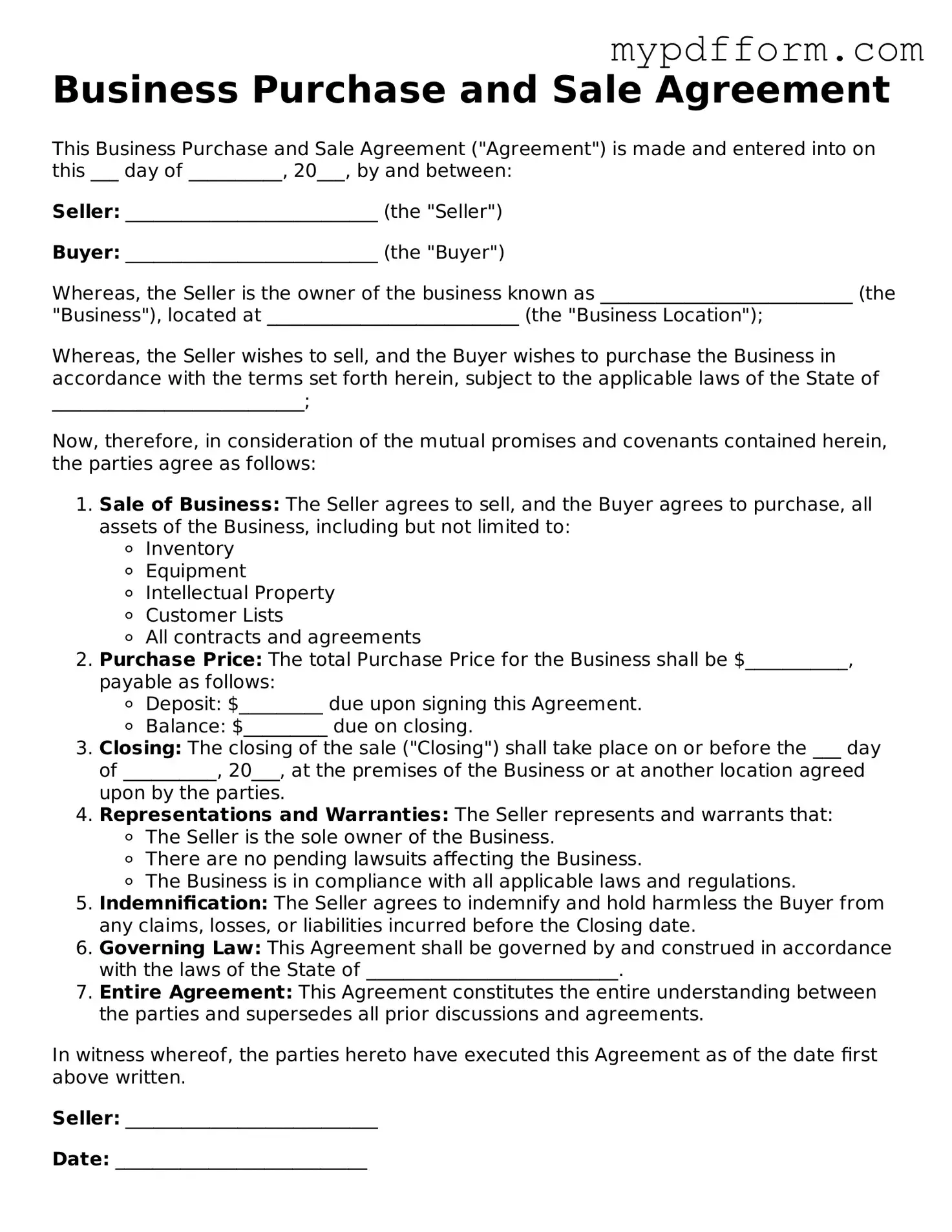 Fillable Business Purchase and Sale Agreement Document