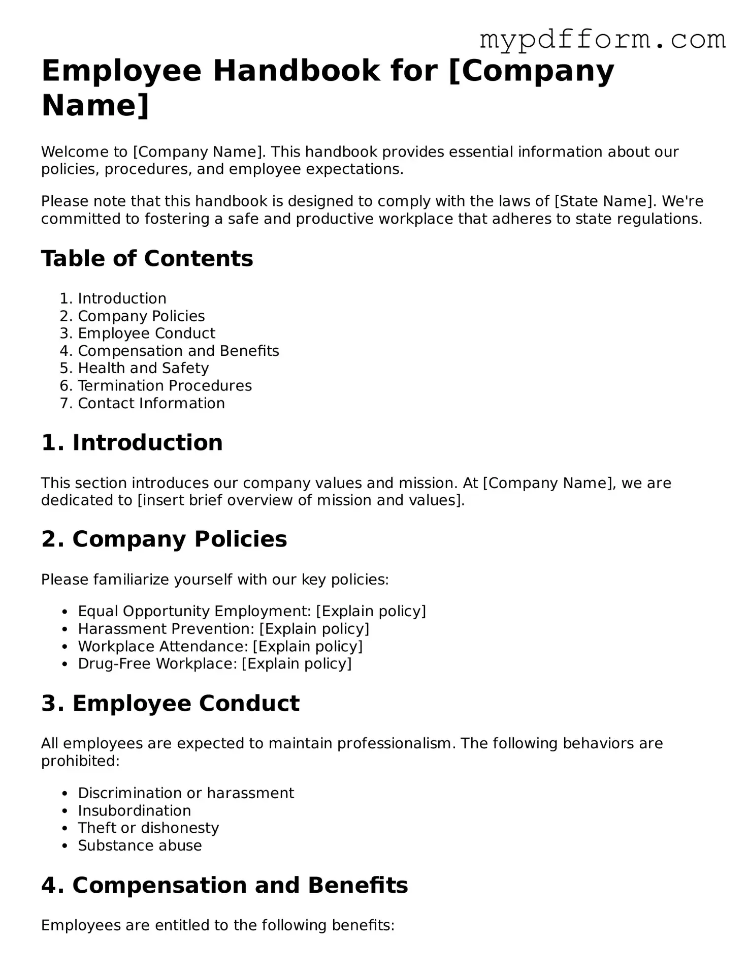 Fillable Employee Handbook Document