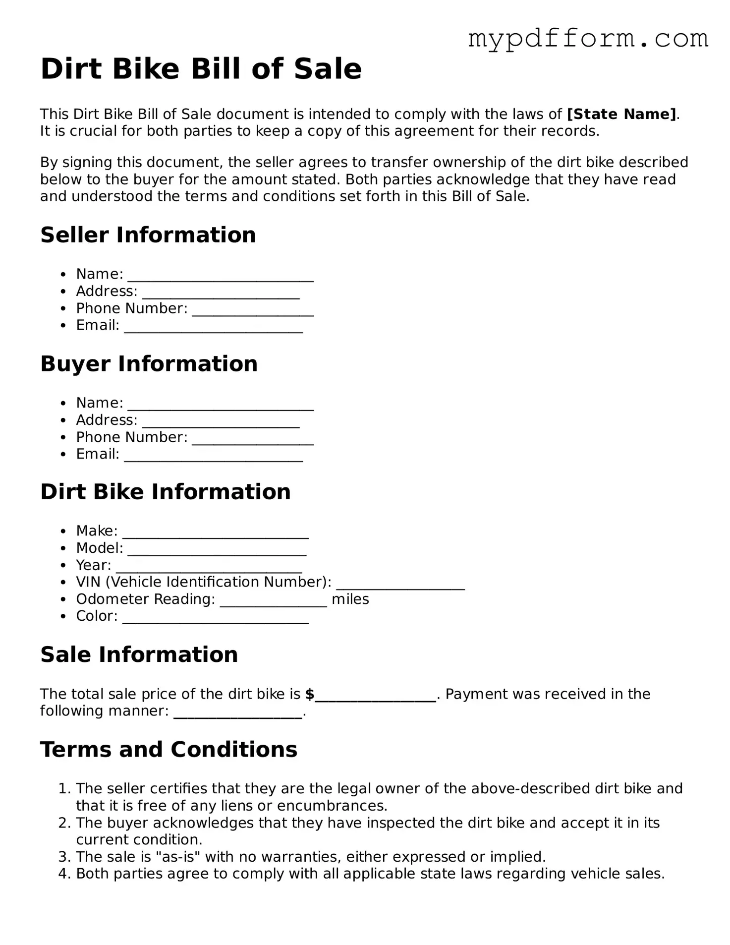 Fillable Dirt Bike Bill of Sale Document
