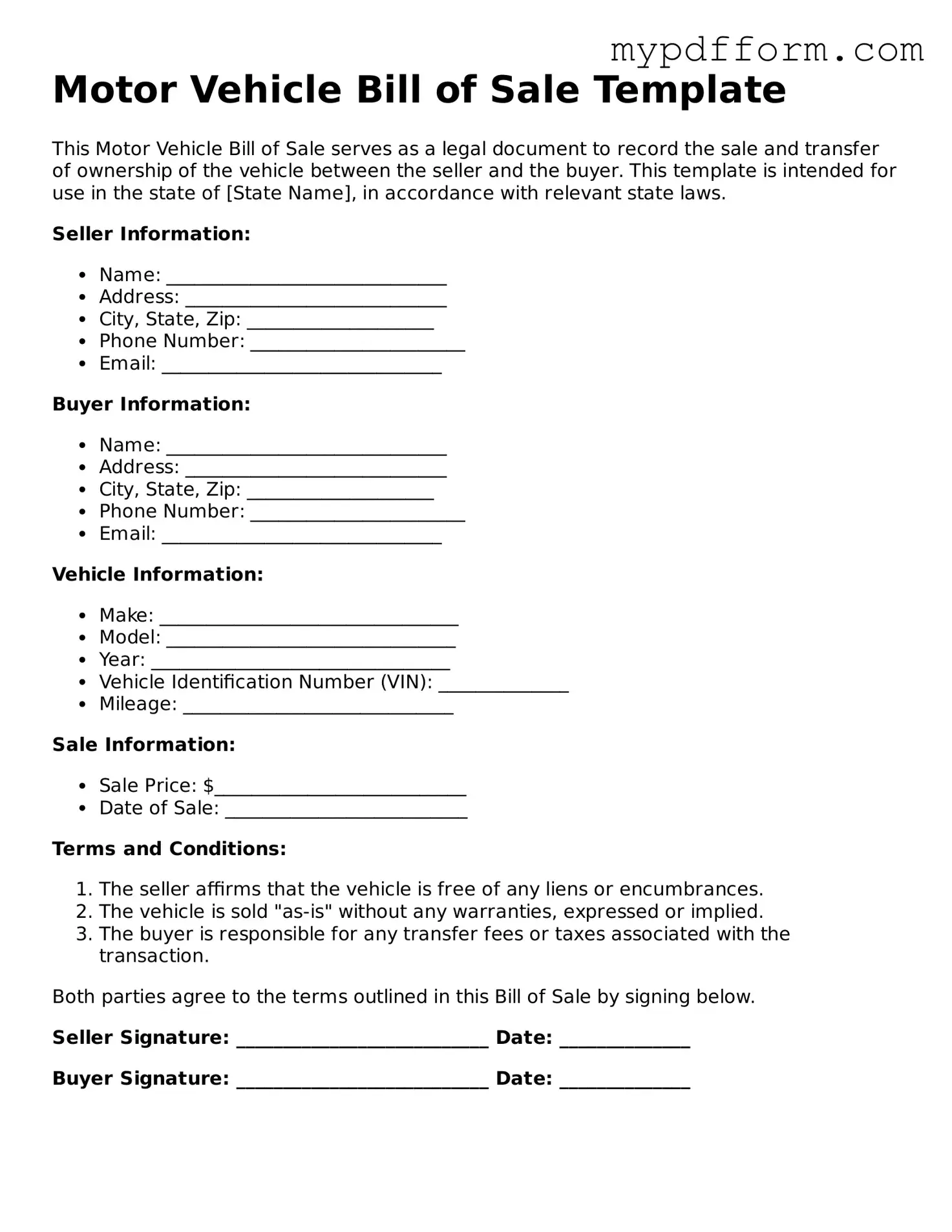 Fillable Motor Vehicle Bill of Sale Document