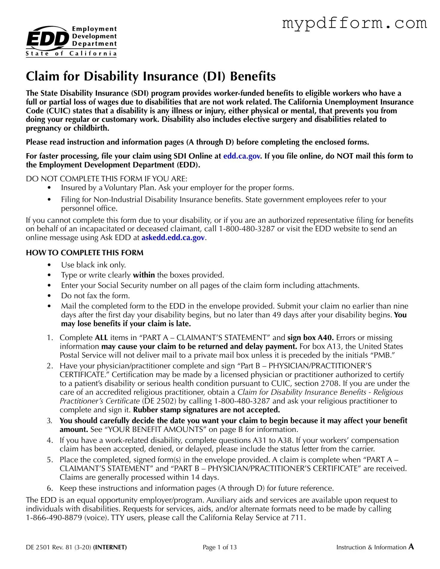 Fill in Your EDD DE 2501 Form