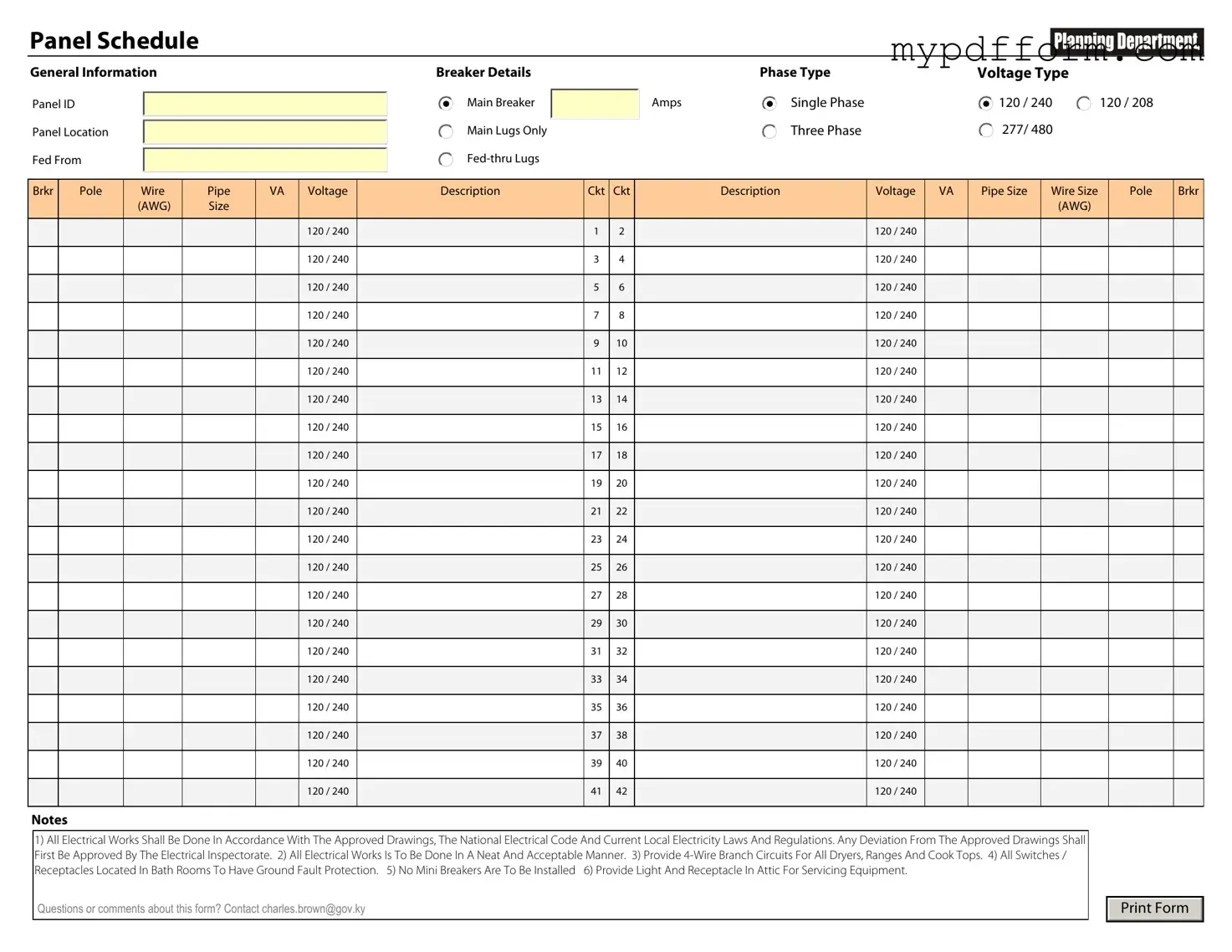 Fill in Your Electrical Panel Schedule Form