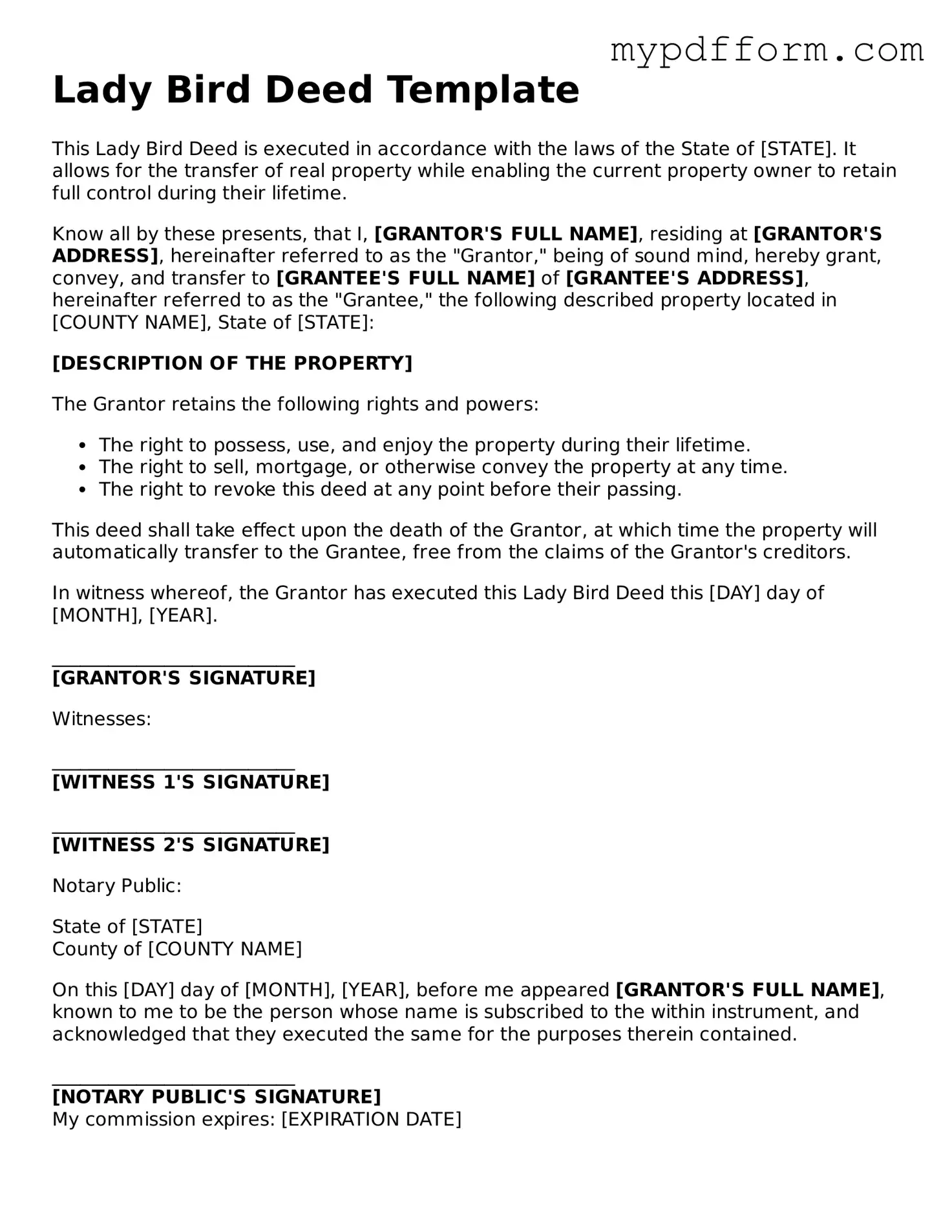 Fillable Lady Bird Deed Document