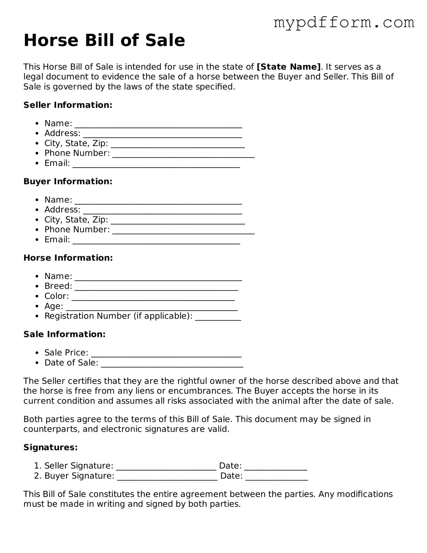 Fillable Horse Bill of Sale Document