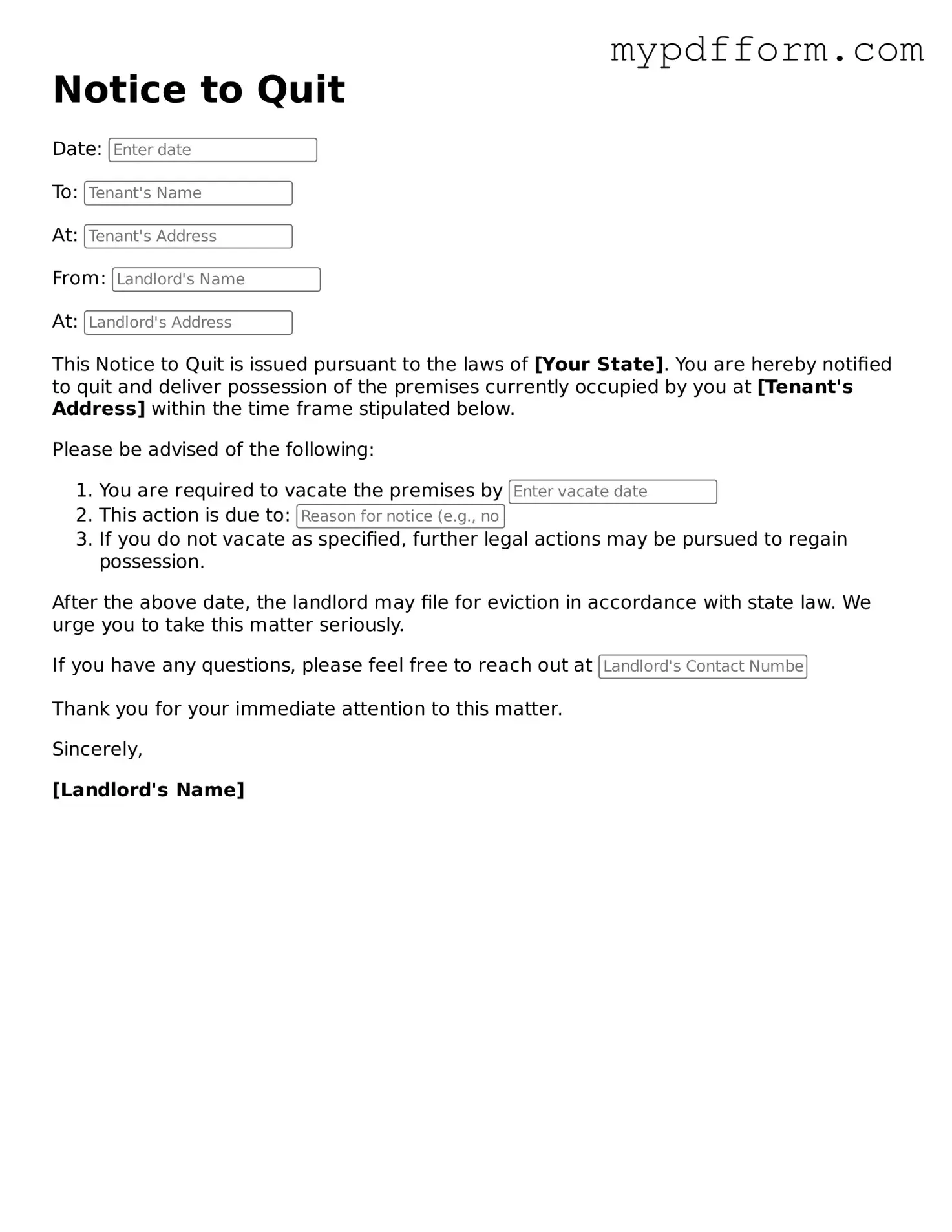 Fillable Notice to Quit Document