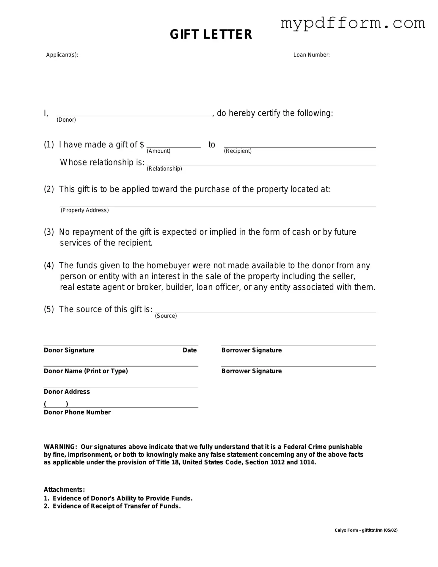 Fill in Your Gift Letter Form