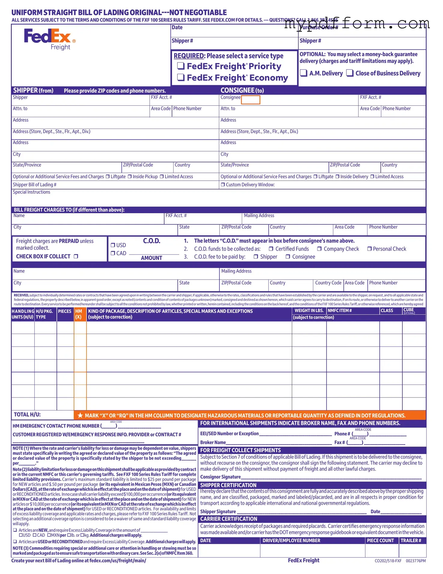 Fill in Your Fedex Bill Of Lading Form