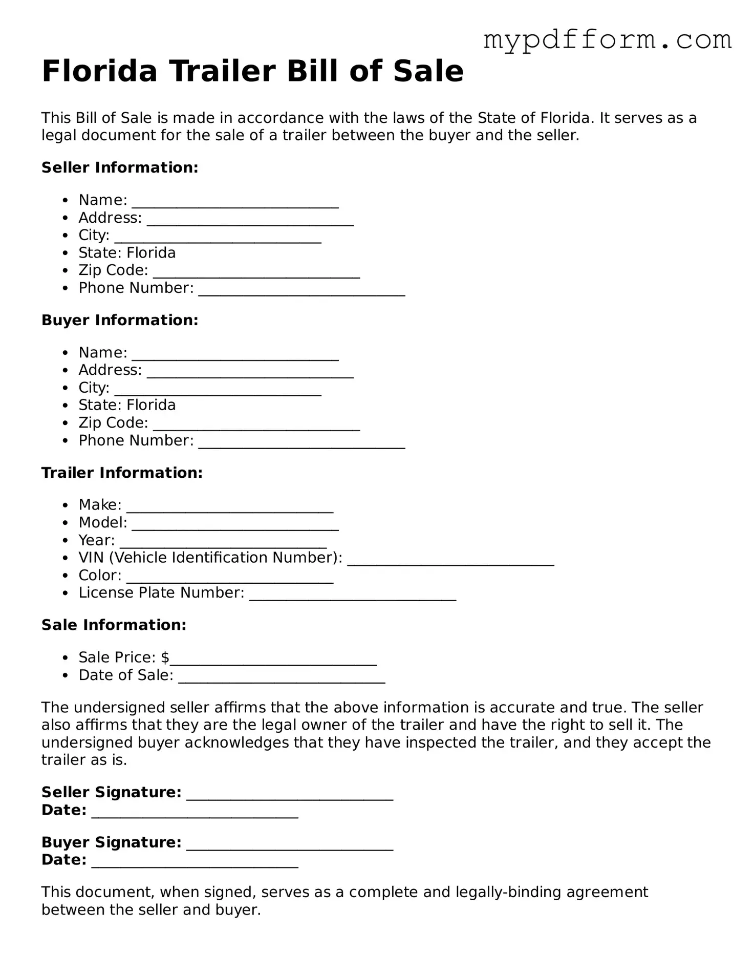 Valid  Trailer Bill of Sale Template for Florida