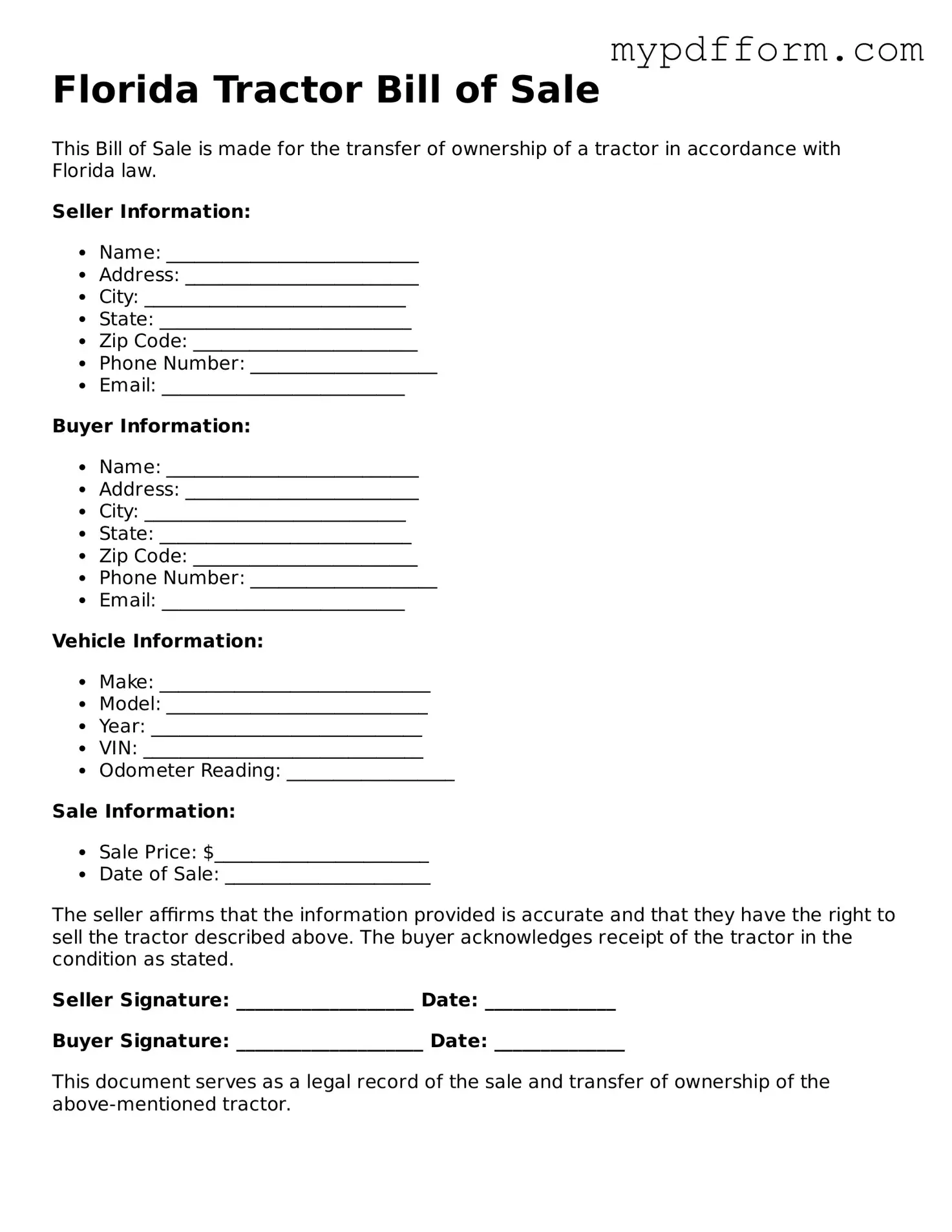 Valid  Tractor Bill of Sale Template for Florida