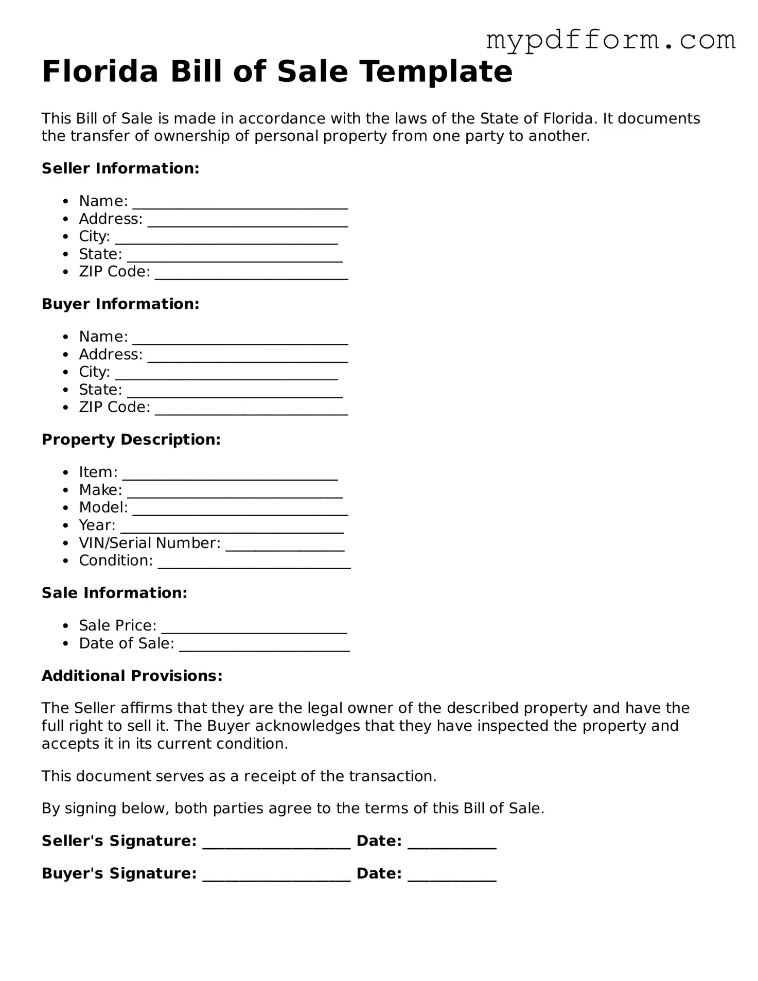 Valid  Bill of Sale Template for Florida