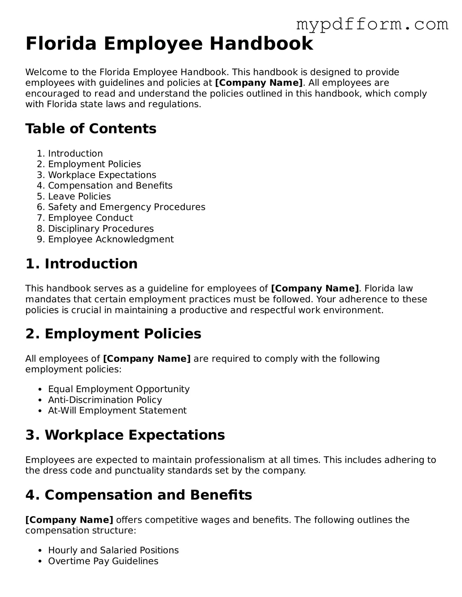 Valid  Employee Handbook Template for Florida