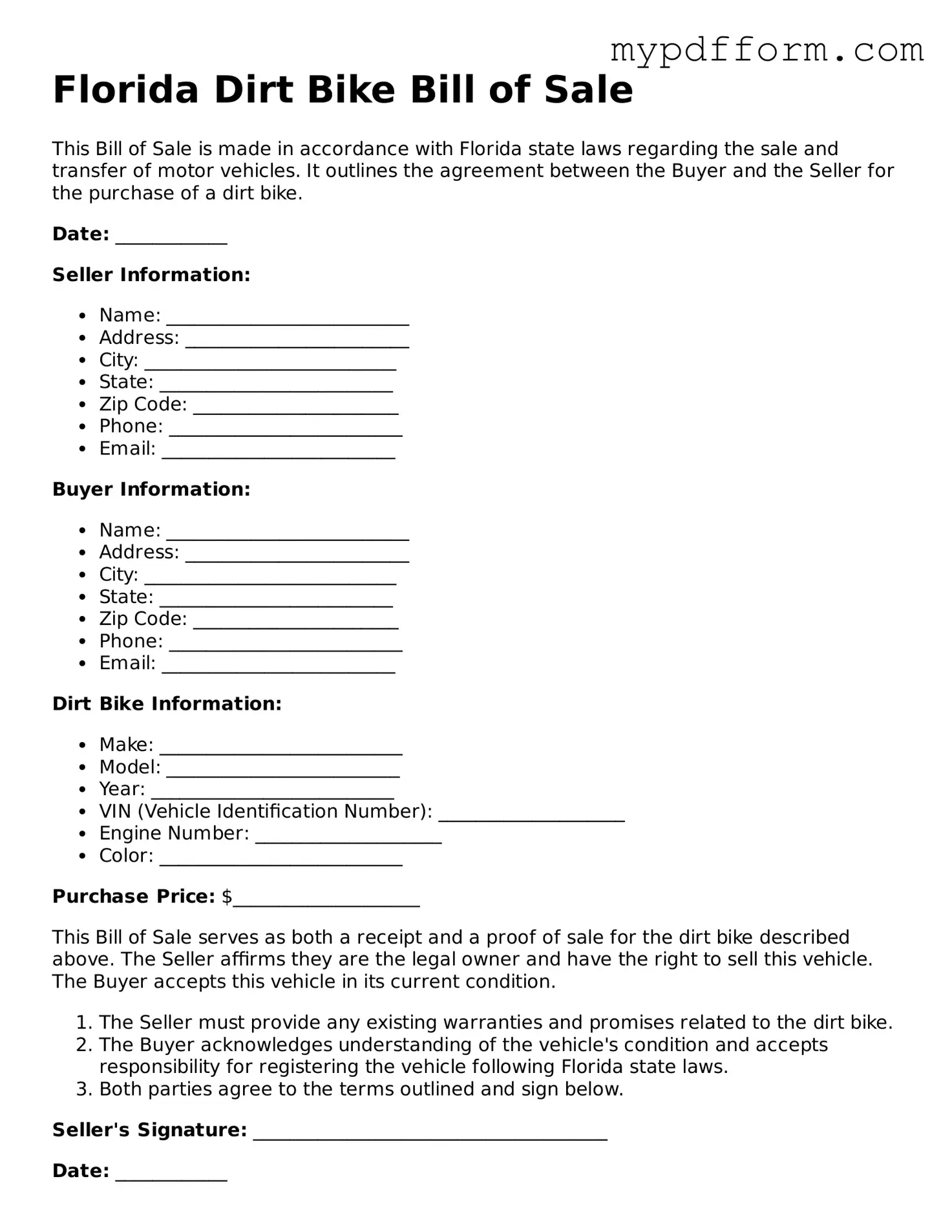 Valid  Dirt Bike Bill of Sale Template for Florida