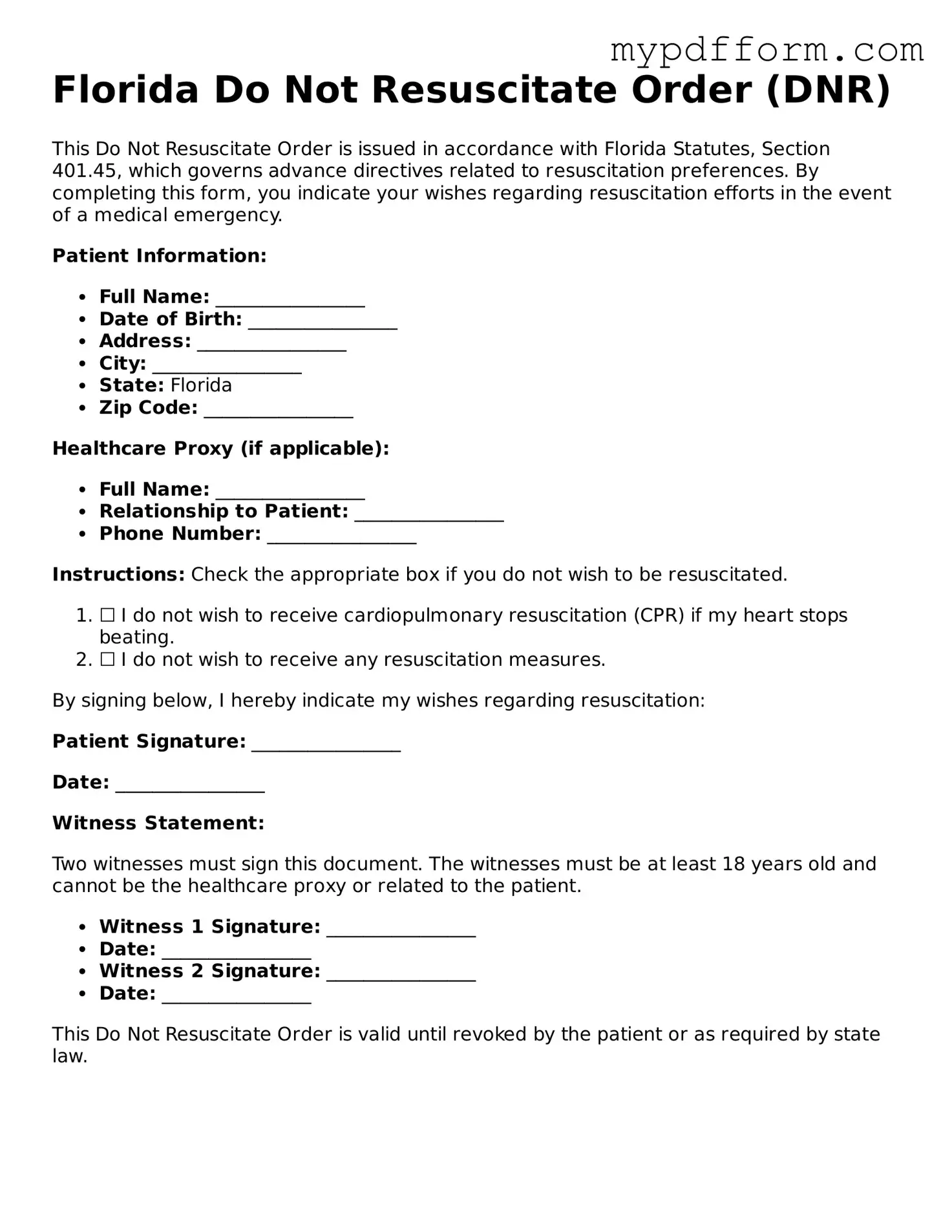 Valid  Do Not Resuscitate Order Template for Florida