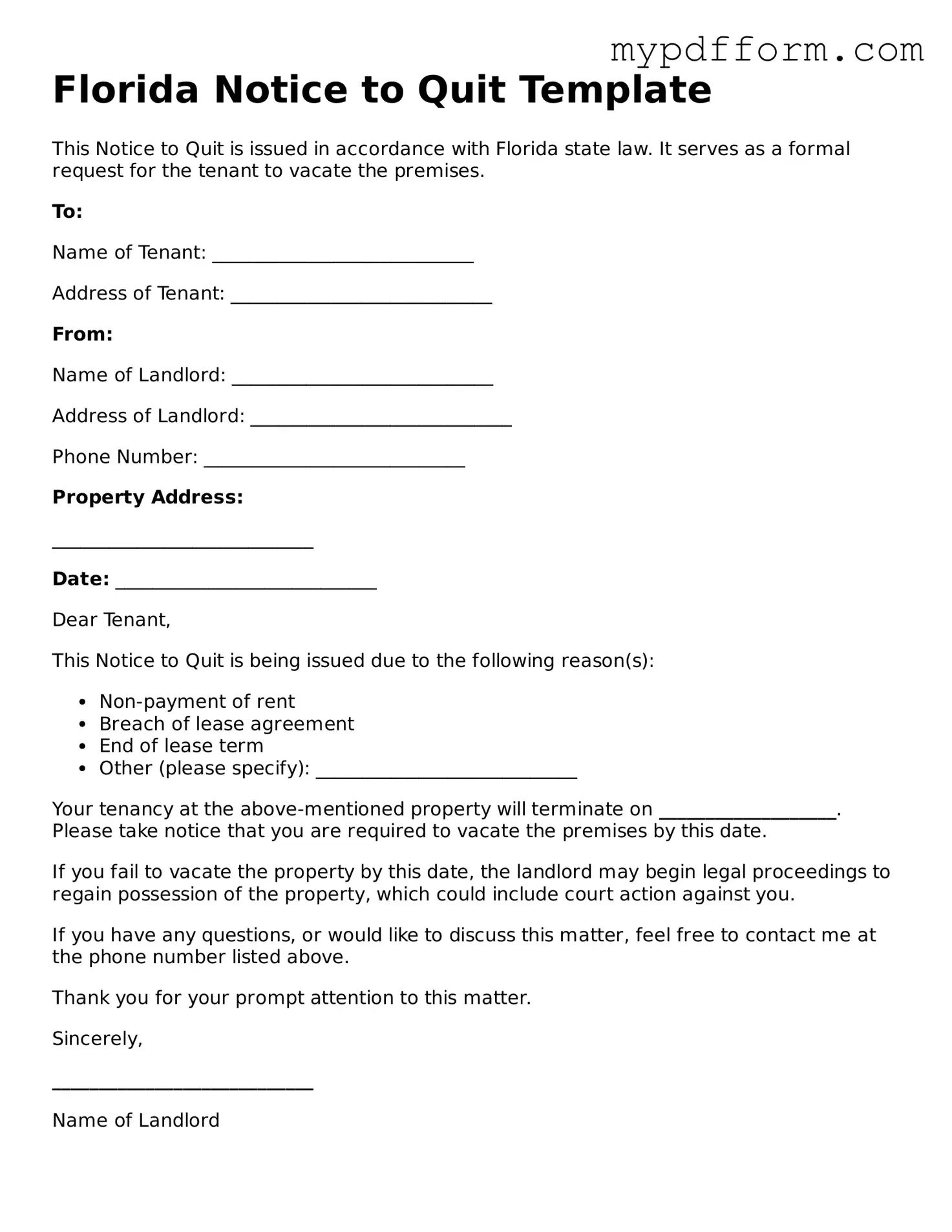 Valid  Notice to Quit Template for Florida
