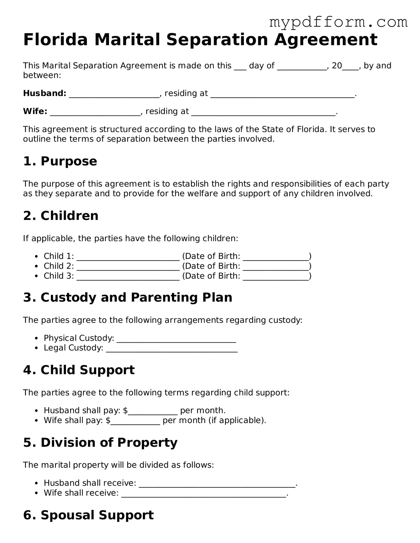 Valid  Marital Separation Agreement Template for Florida