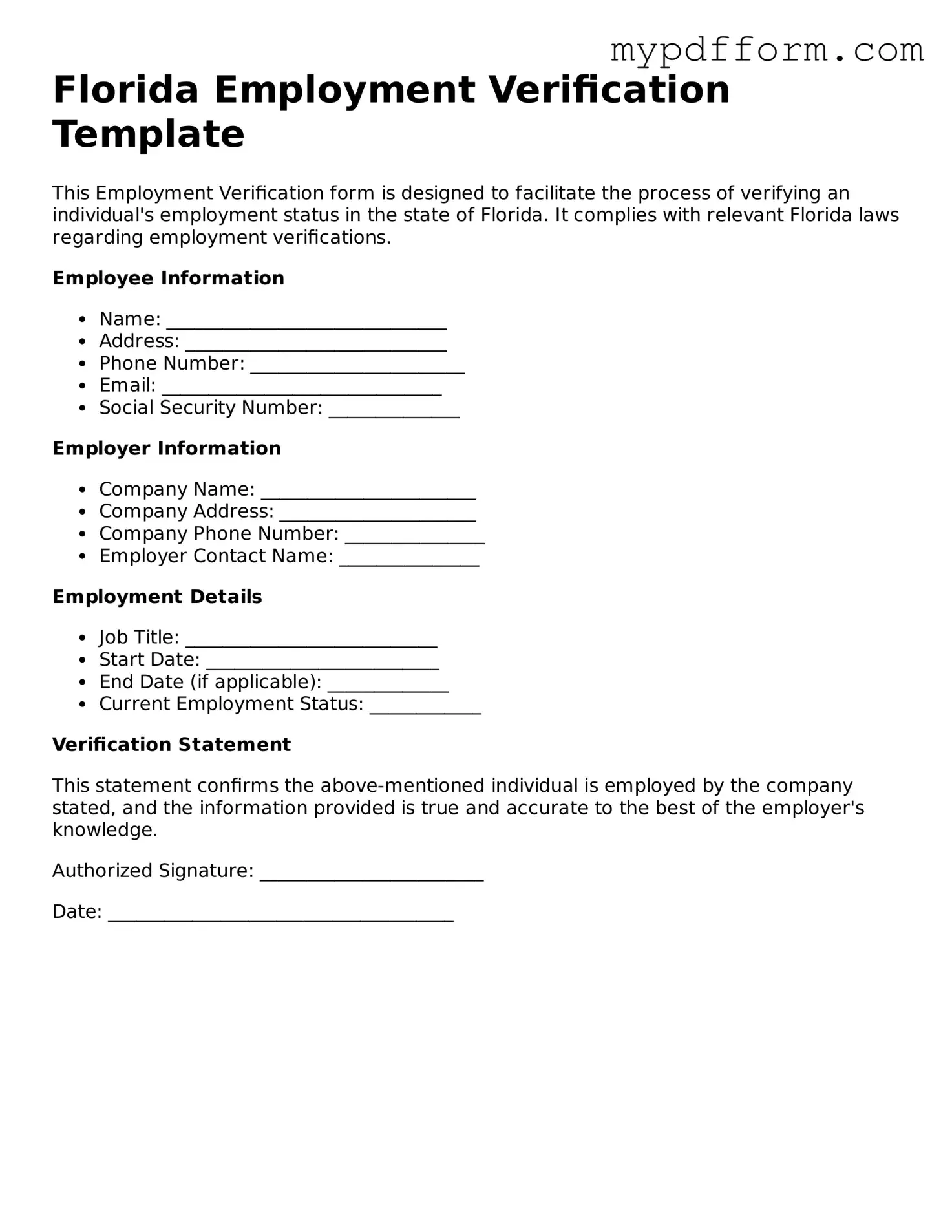 Valid  Employment Verification Template for Florida