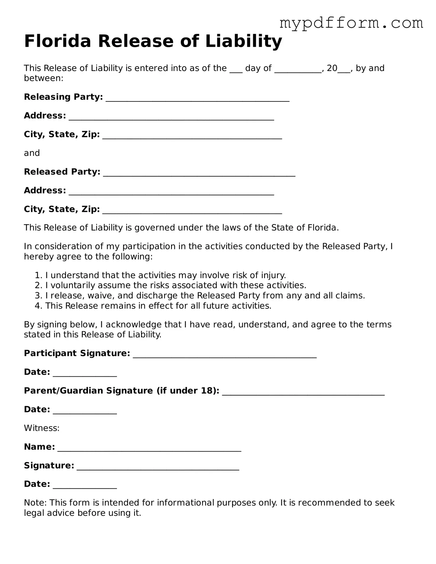 Valid  Release of Liability Template for Florida