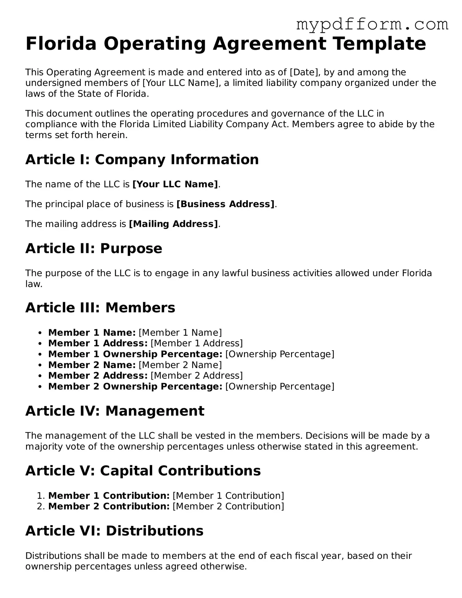 Valid  Operating Agreement Template for Florida