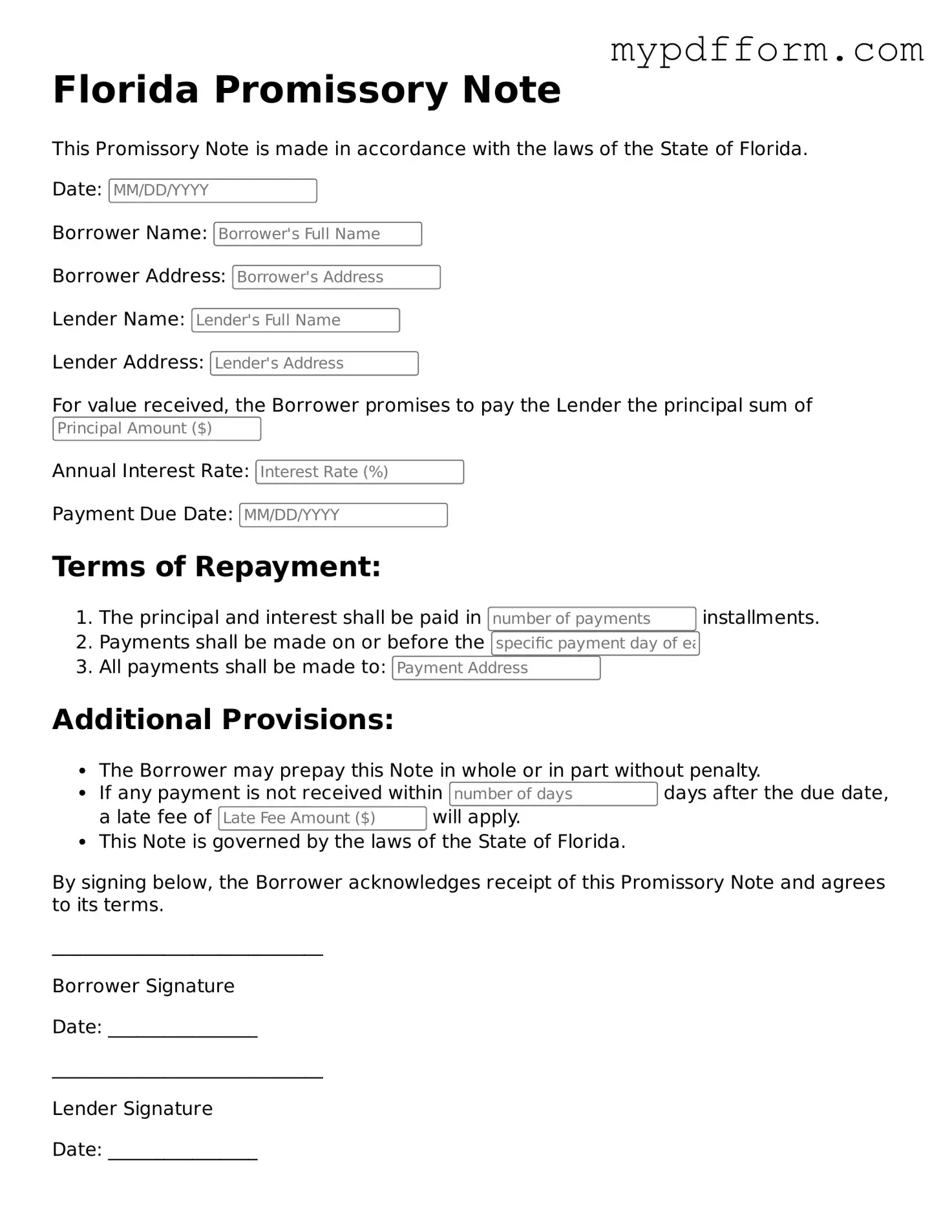 Valid  Promissory Note Template for Florida