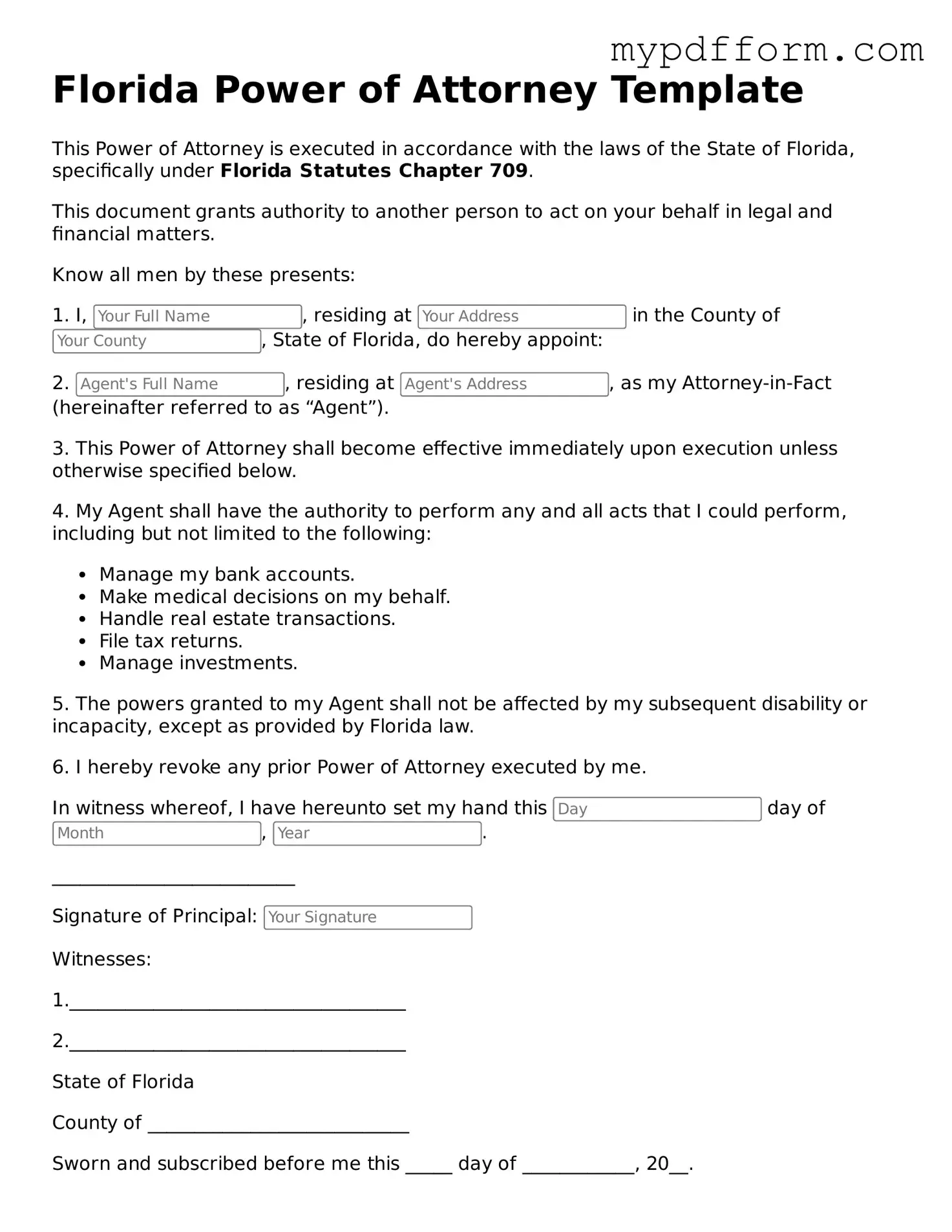 Valid  Power of Attorney Template for Florida
