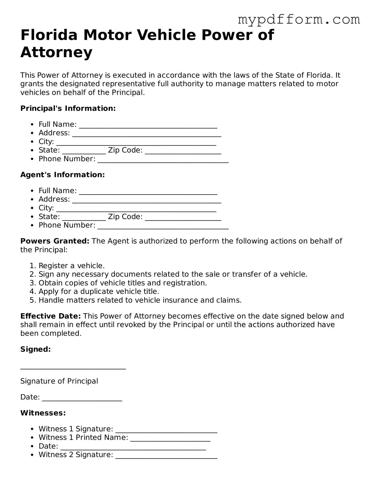 Valid  Motor Vehicle Power of Attorney Template for Florida