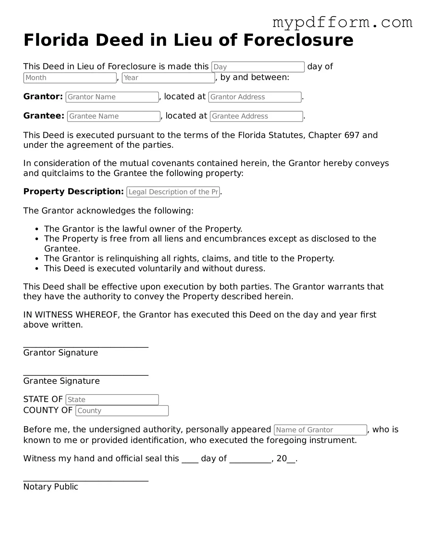 Valid  Deed in Lieu of Foreclosure Template for Florida