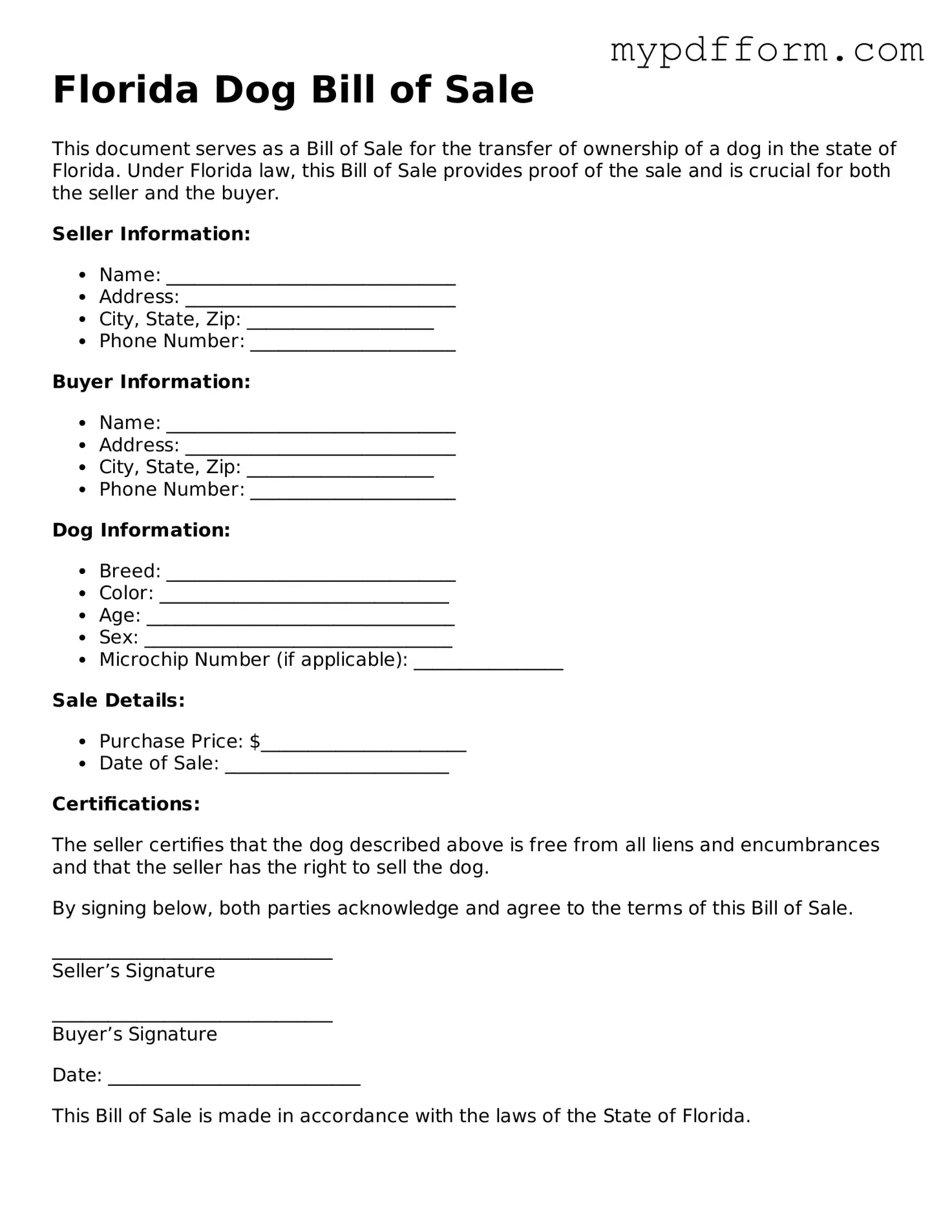 Valid  Dog Bill of Sale Template for Florida