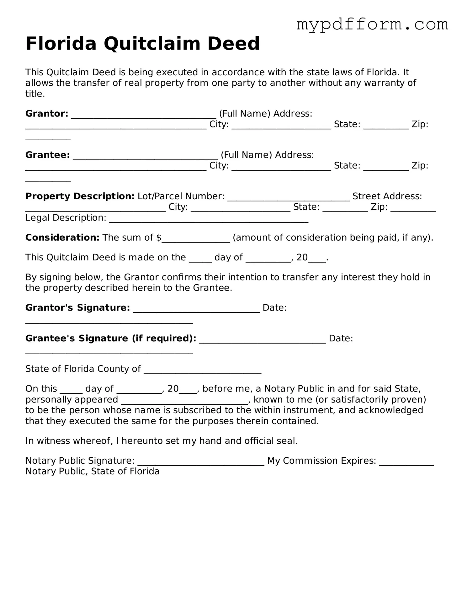 Valid  Quitclaim Deed Template for Florida