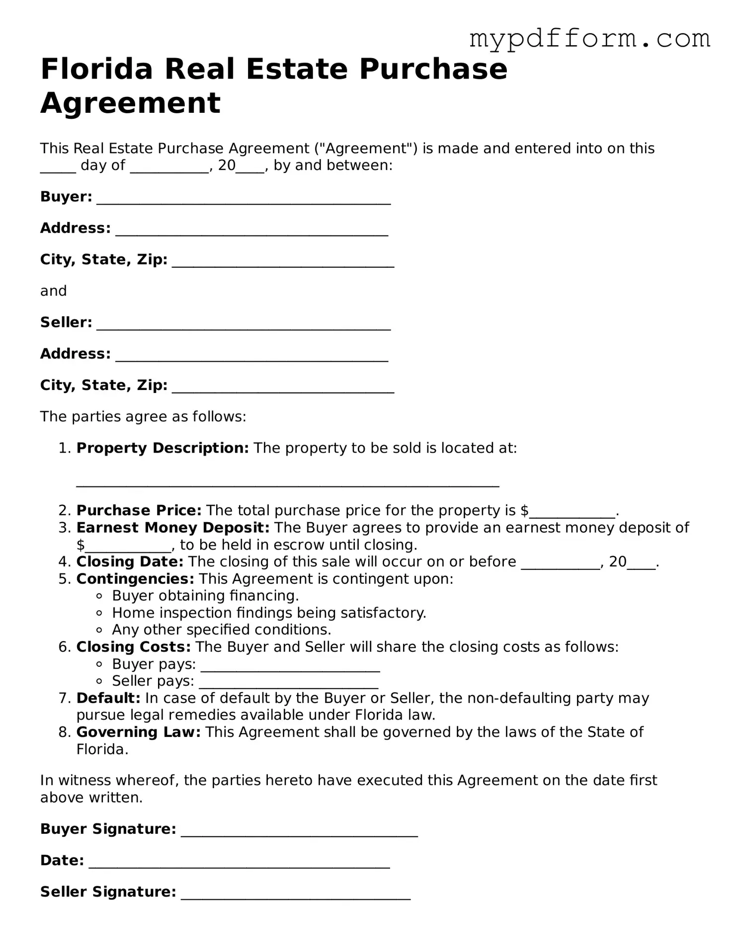 Valid  Real Estate Purchase Agreement Template for Florida