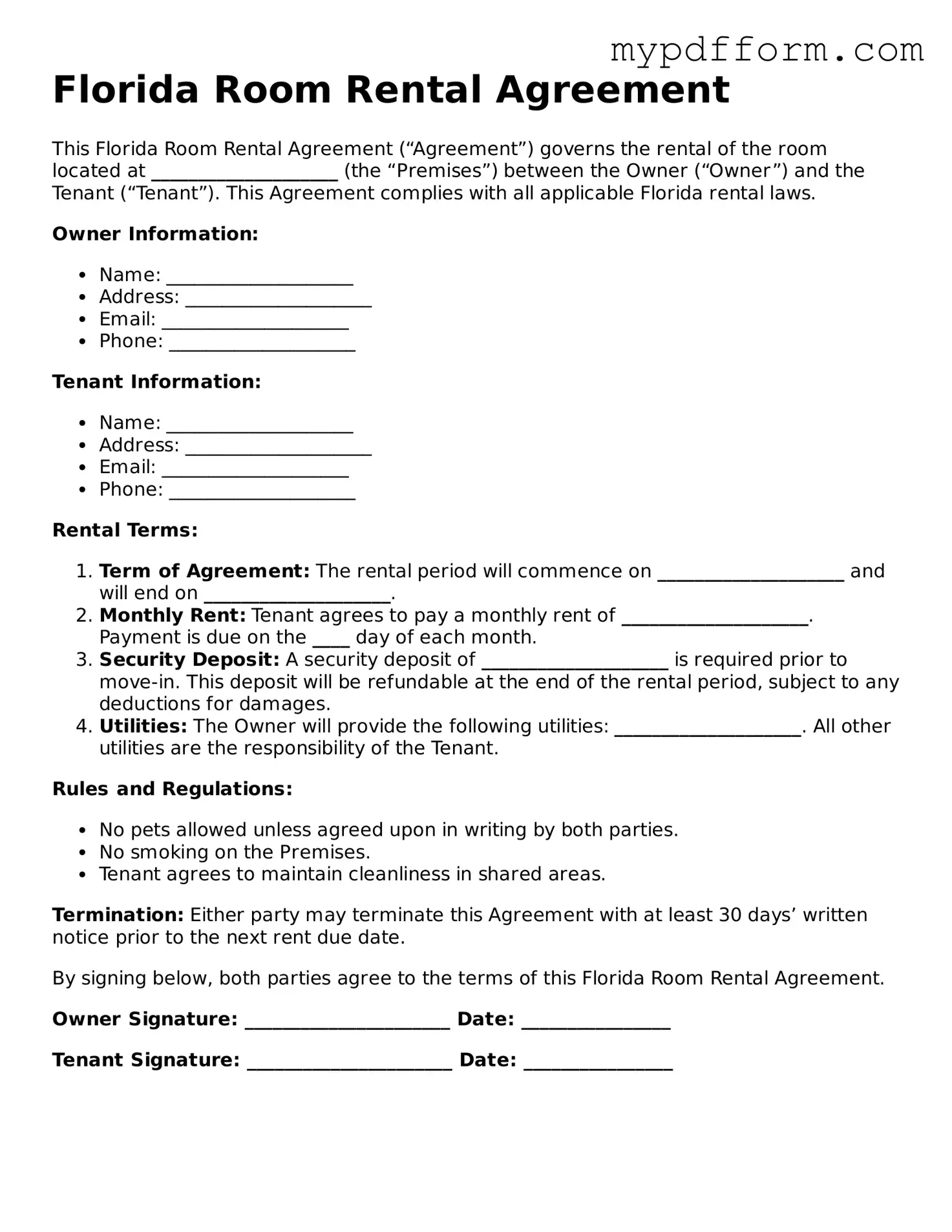 Valid  Room Rental Agreement Template for Florida