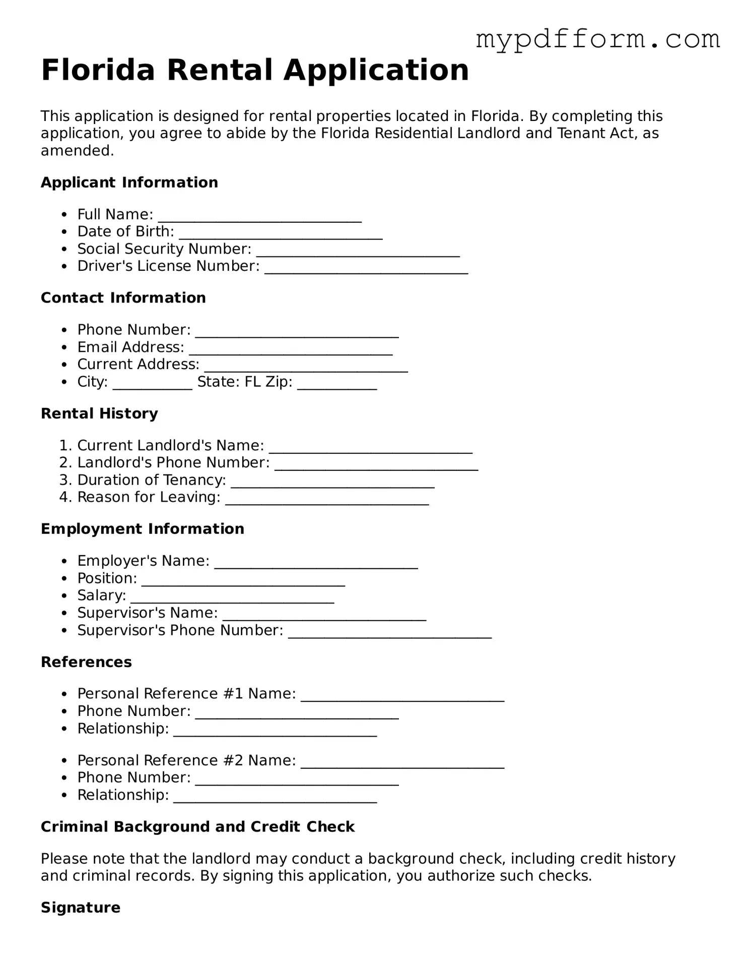 Valid  Rental Application Template for Florida