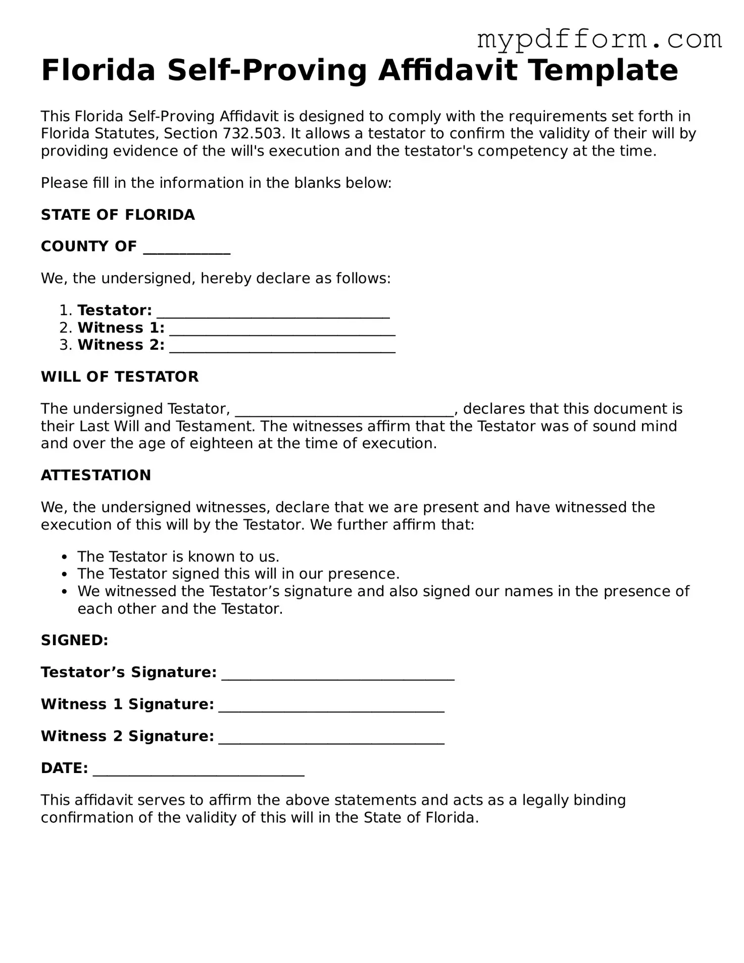 Valid  Self-Proving Affidavit Template for Florida