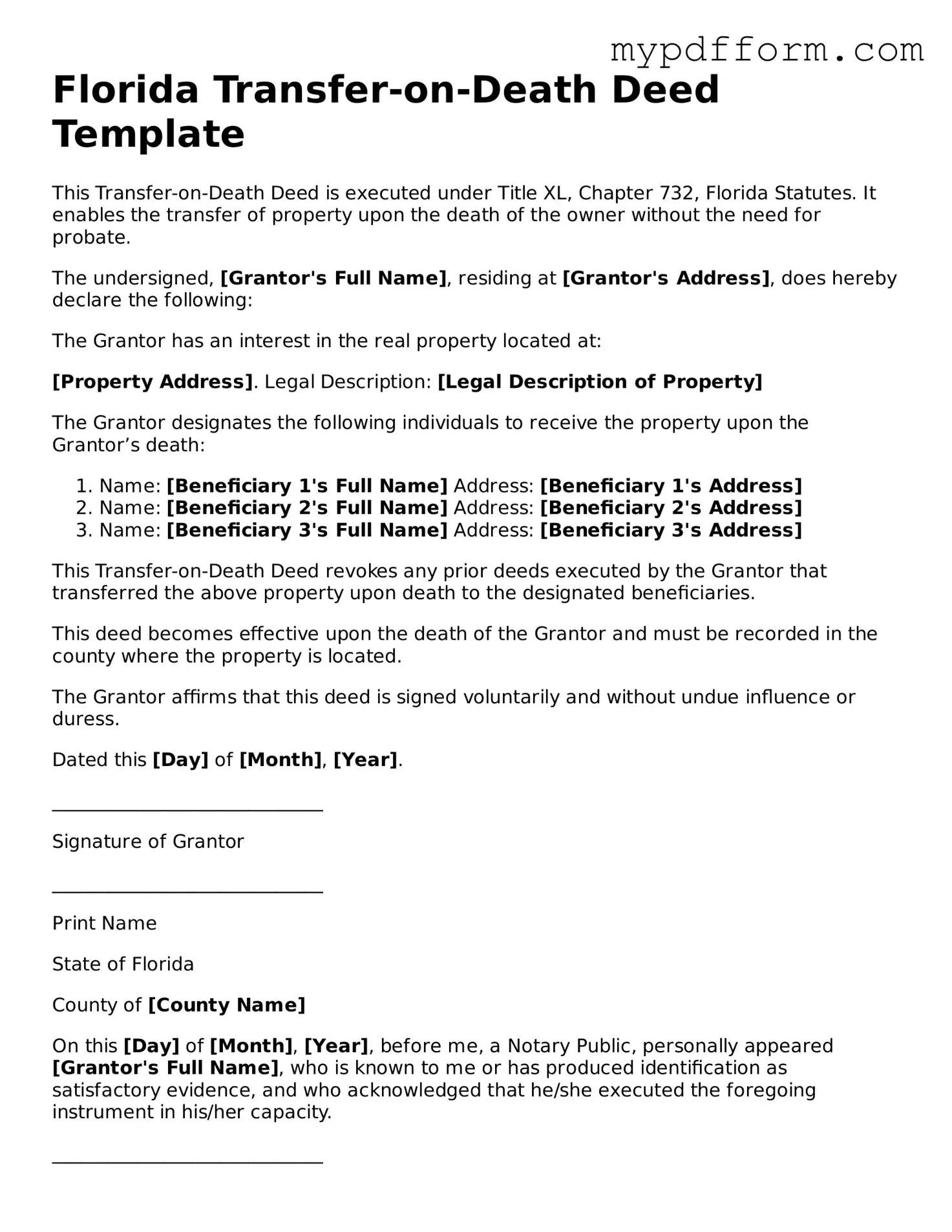 Valid  Transfer-on-Death Deed Template for Florida