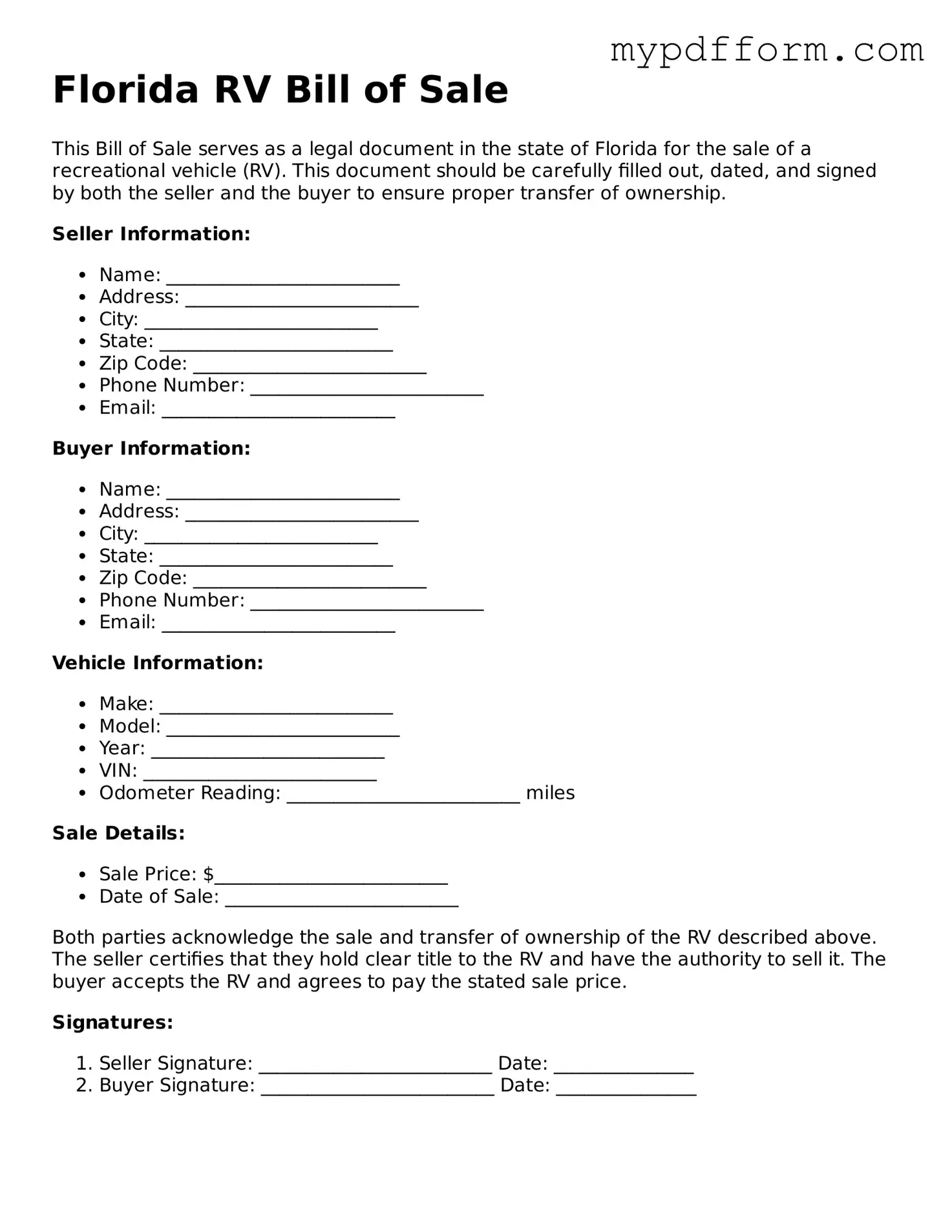 Valid  RV Bill of Sale Template for Florida