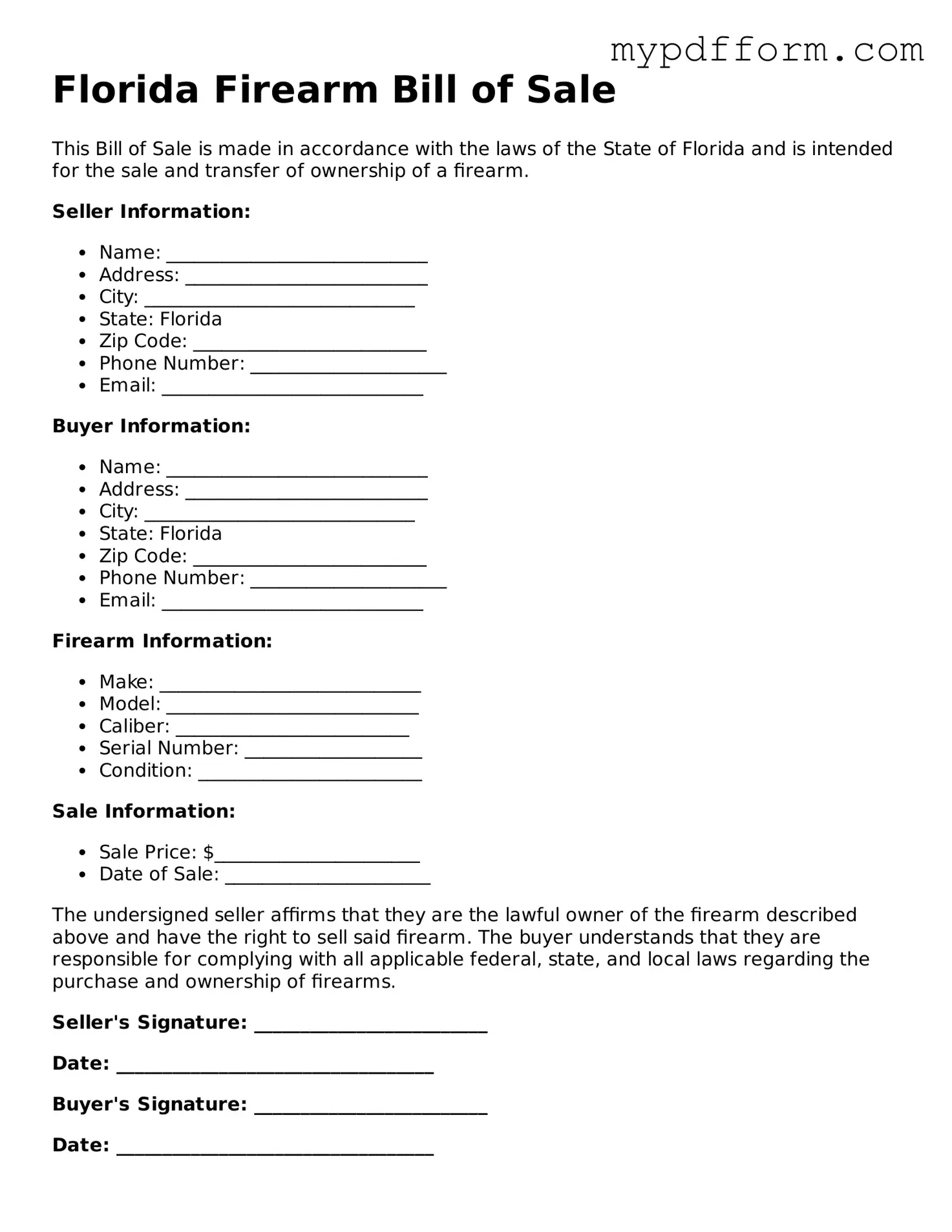 Valid  Firearm Bill of Sale Template for Florida
