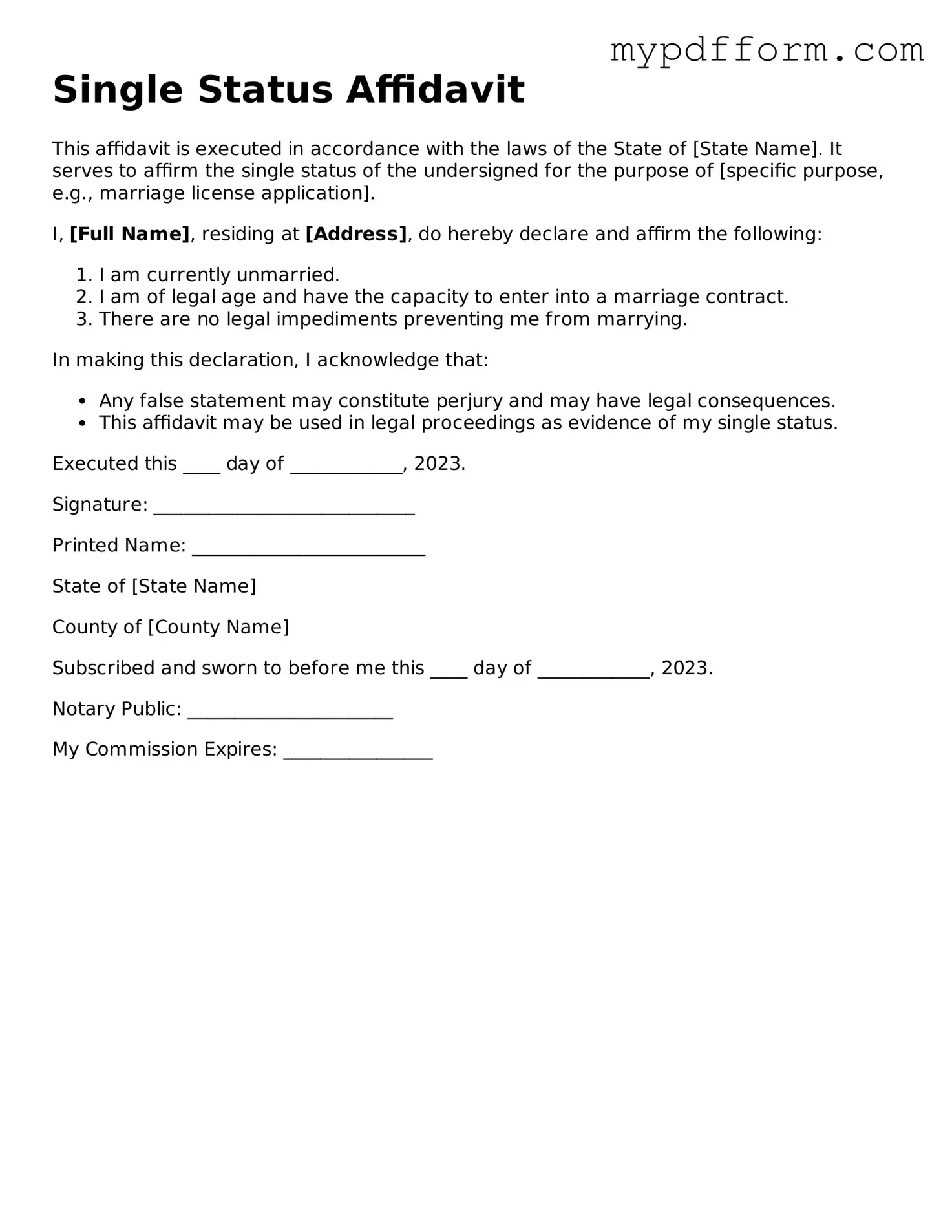 Fillable Single Status Affidavit Document