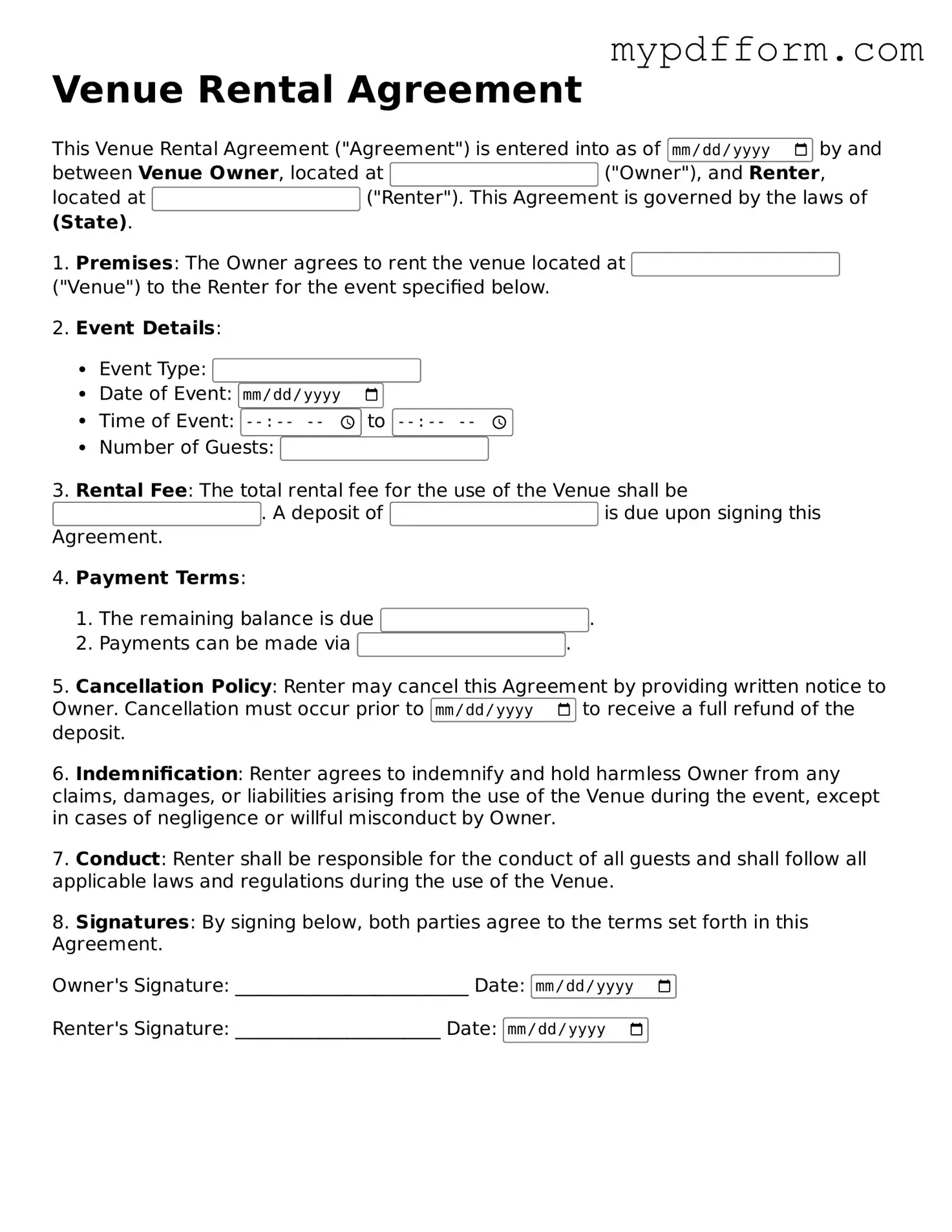 Fillable Venue Rental Agreement Document