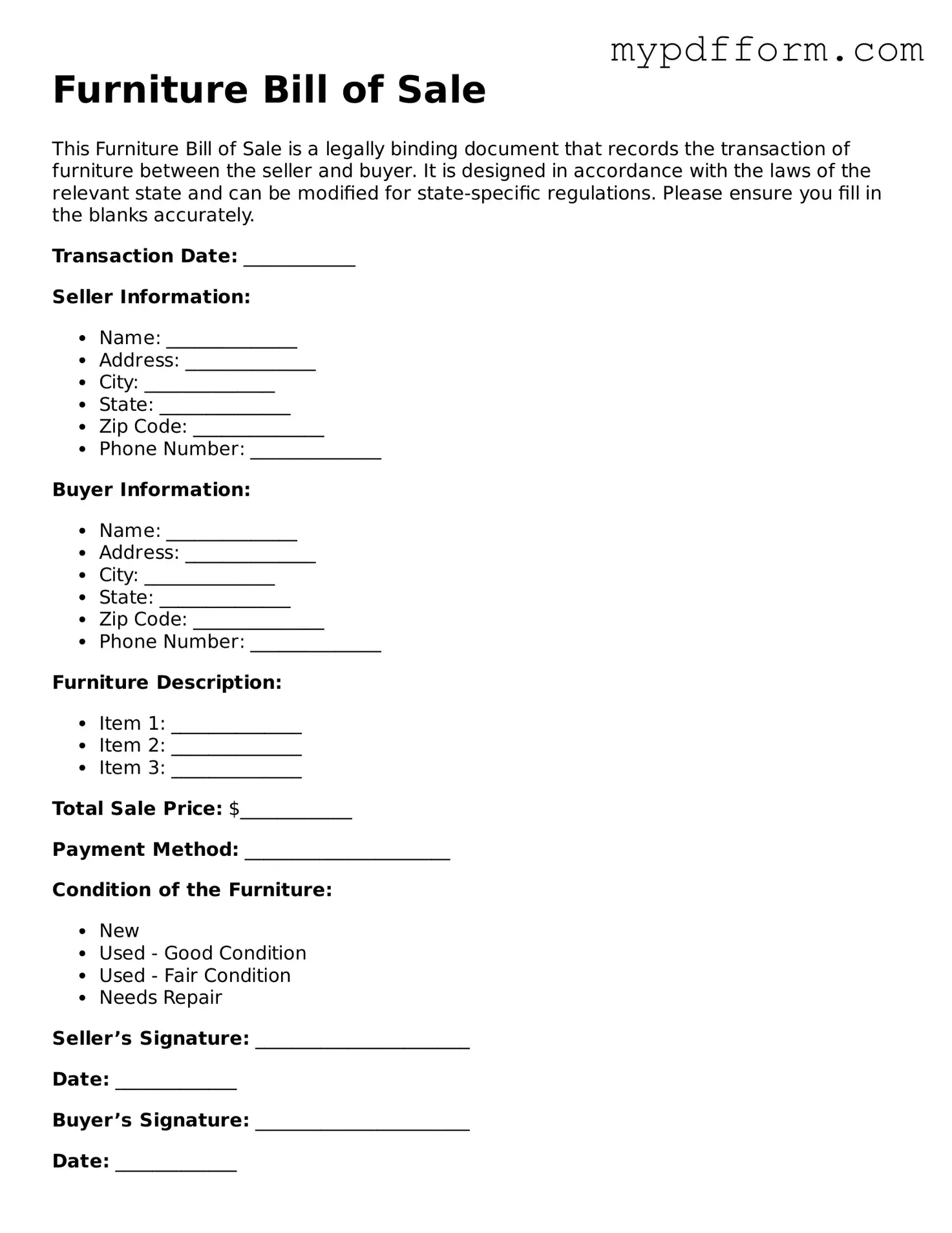 Fillable Furniture Bill of Sale Document
