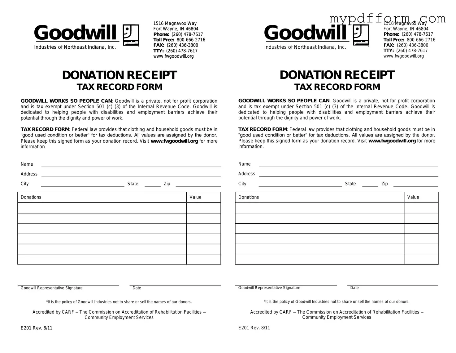 Fill in Your Goodwill donation receipt Form