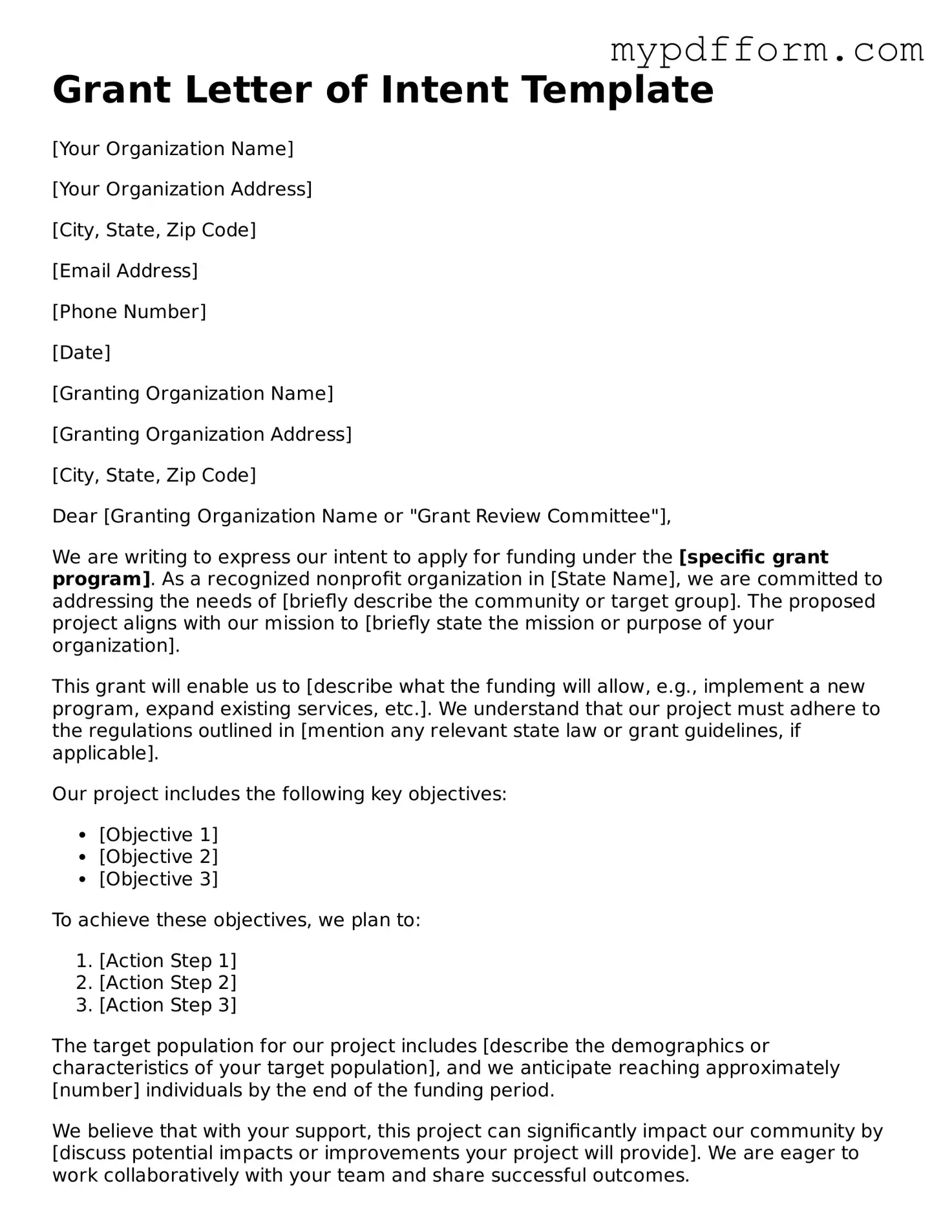 Fillable Grant Letter of Intent Document
