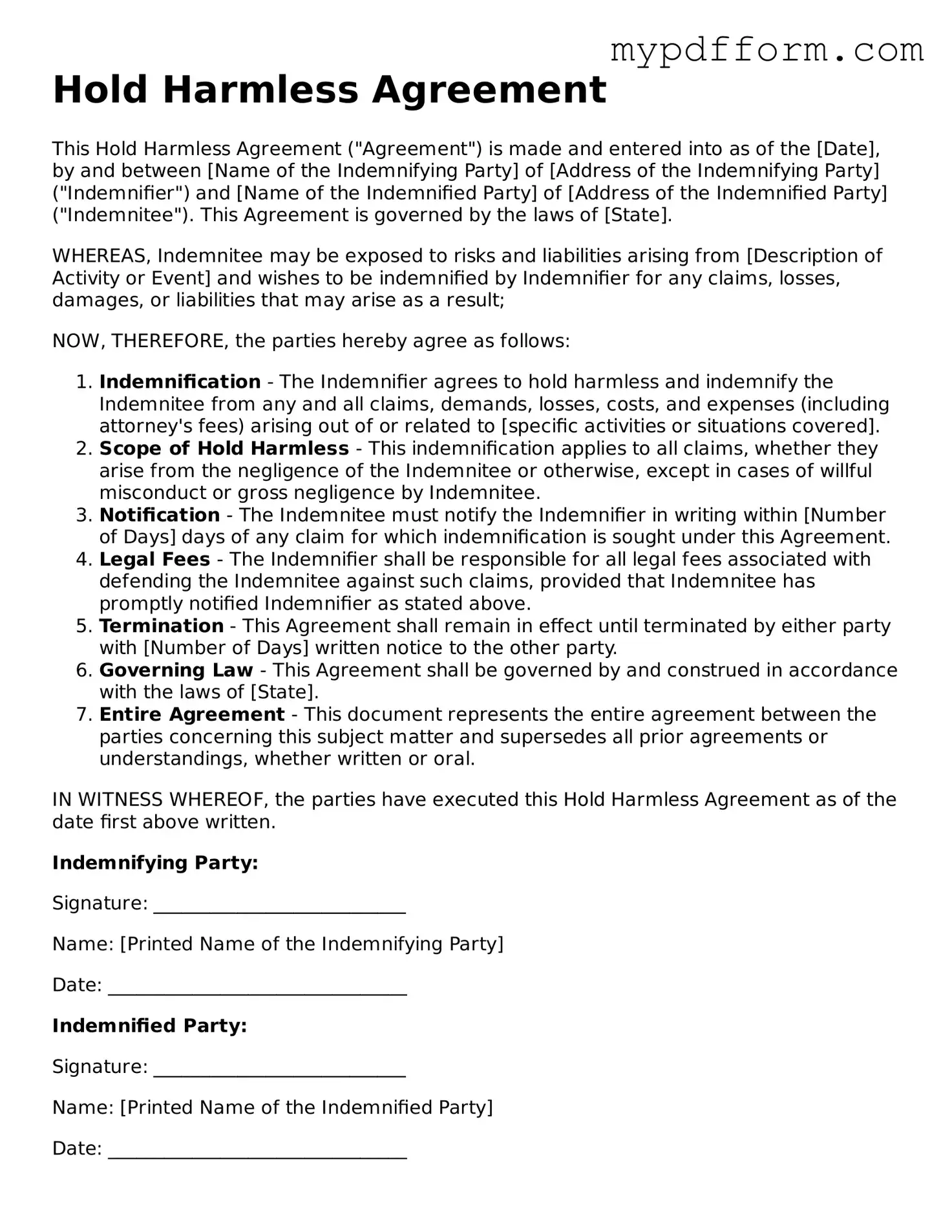Fillable Hold Harmless Agreement Document