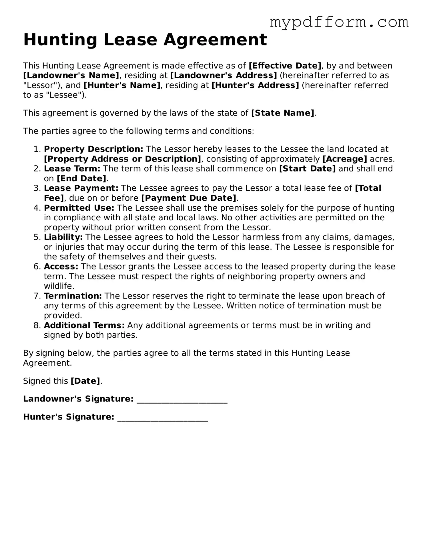Fillable Hunting Lease Agreement Document