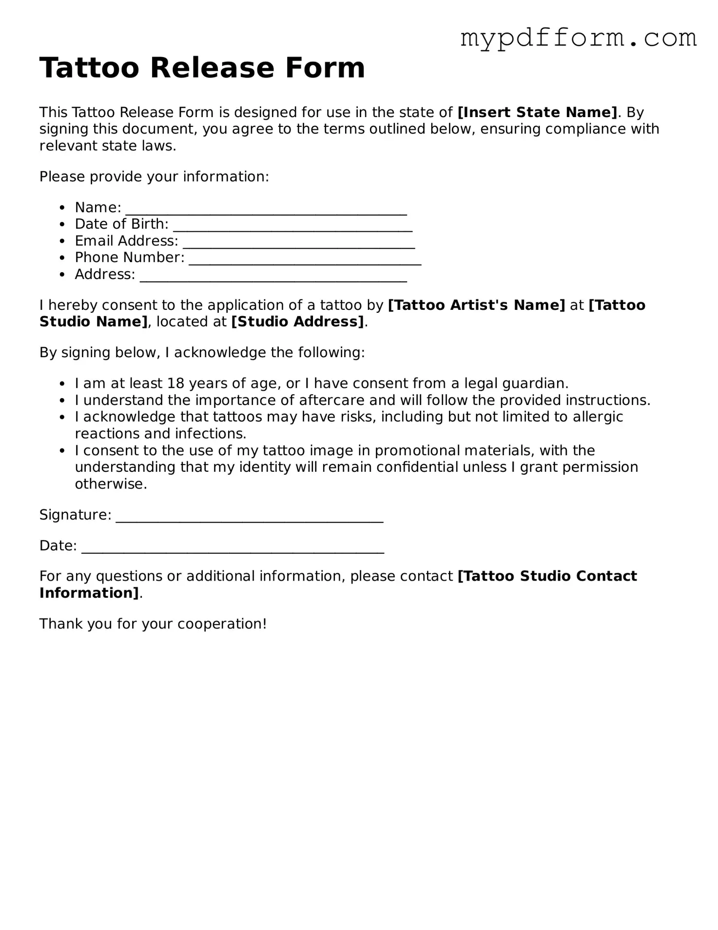 Fillable Tattoo Release Document