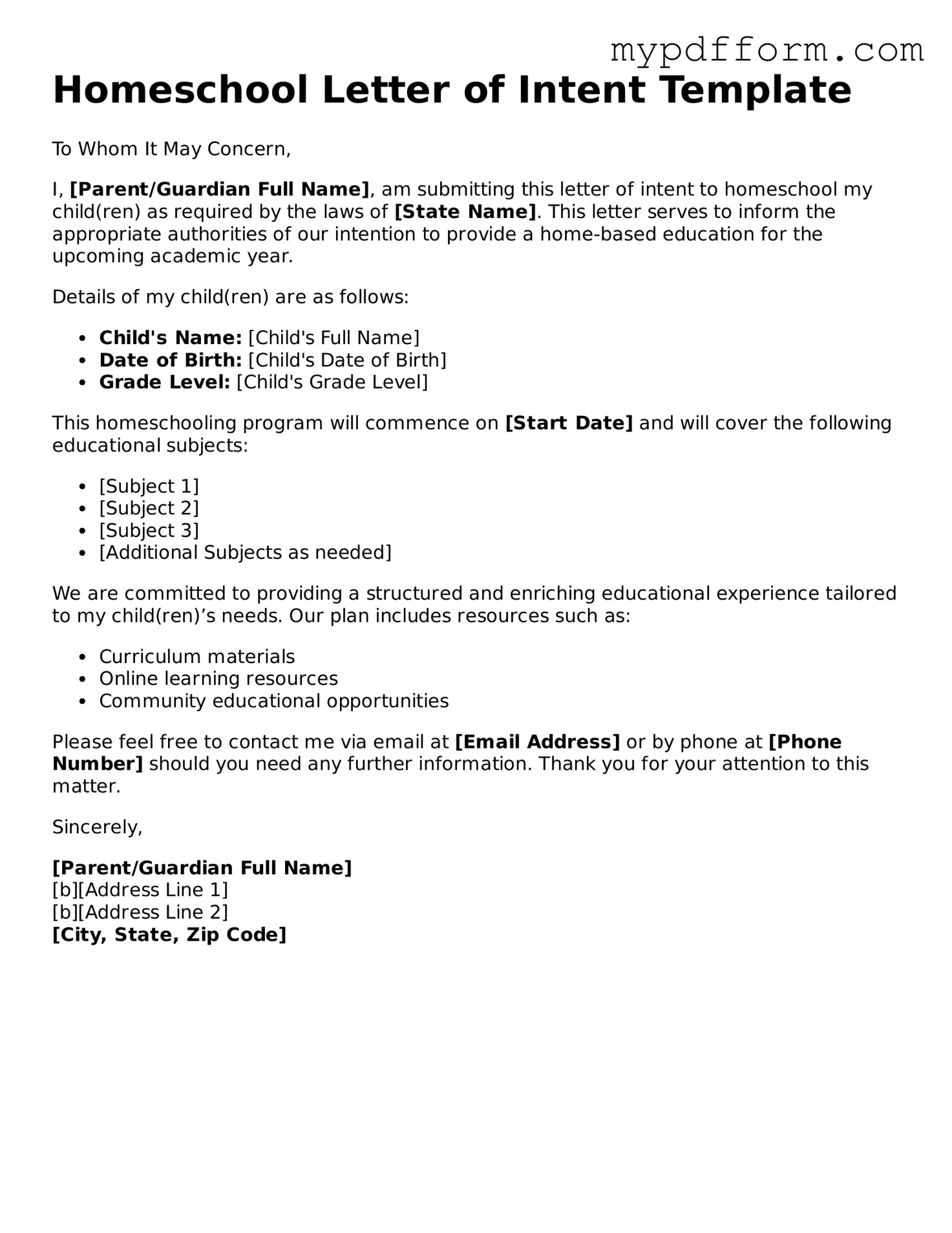Fillable Homeschool Letter of Intent Document