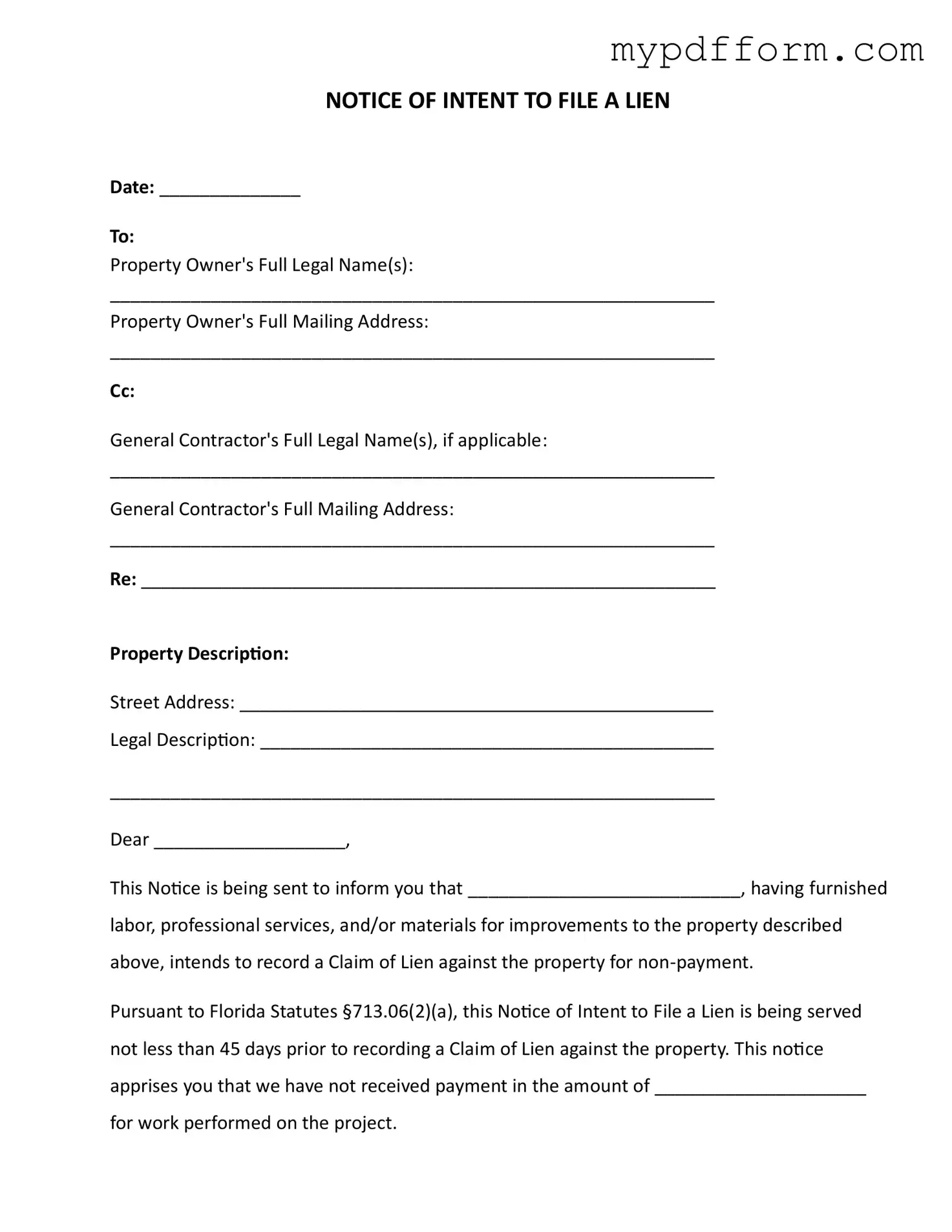Fill in Your Intent To Lien Florida Form