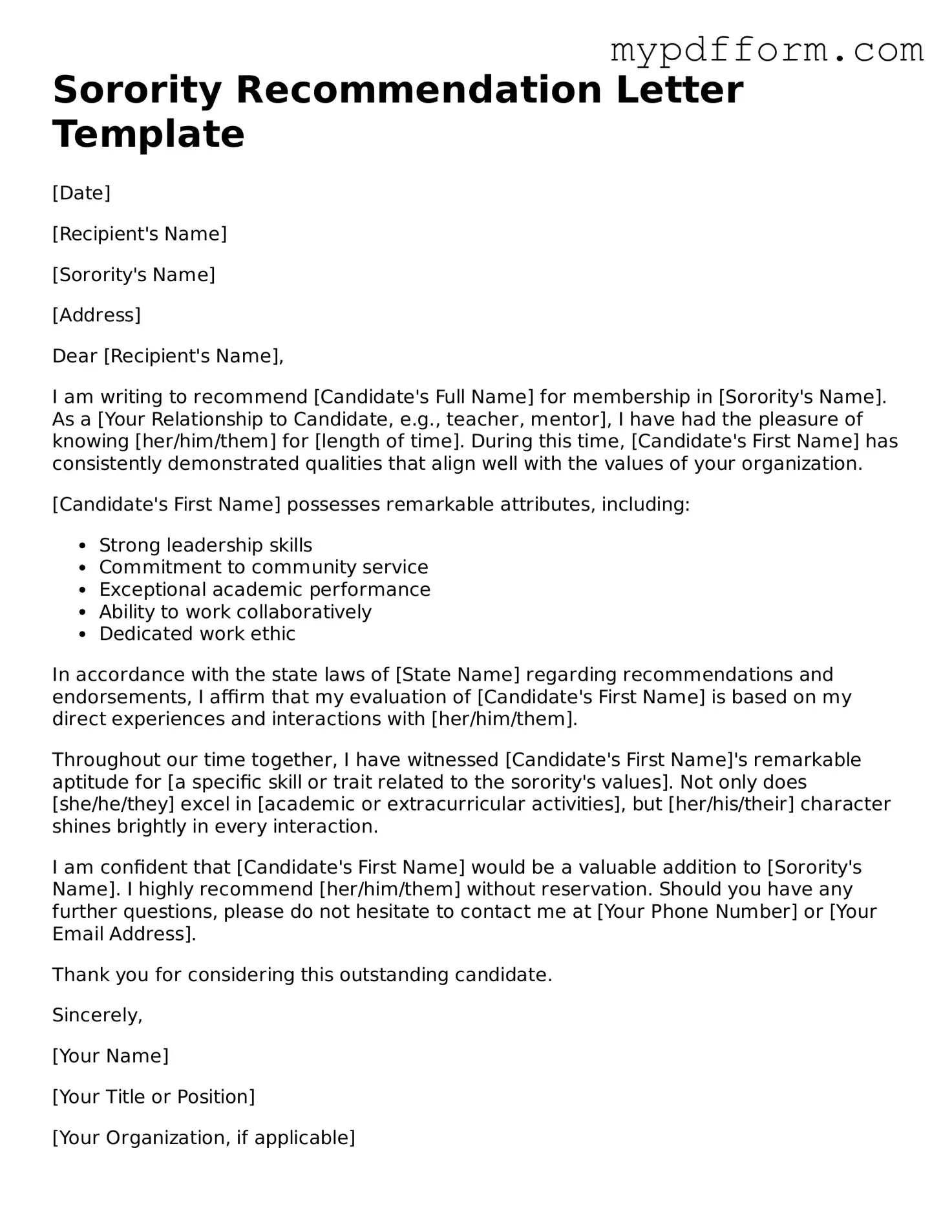 Fillable Sorority Recommendation Letter Document
